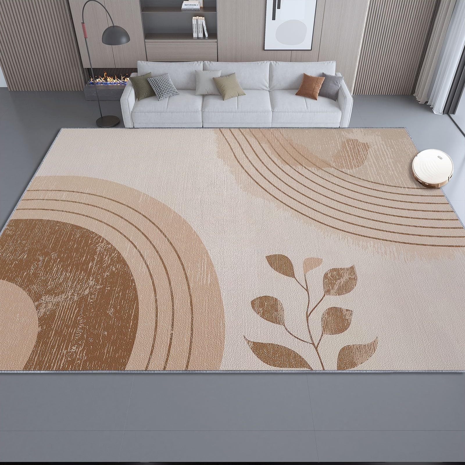 rutschfest Teppich Schlafzimmer 120 x 180 cm, Beige Bohemian Minimalist Linienkunst Pflanzen Waschbar Teppiche Wohnzimmer, Kurzflor Pflegeleicht & Weich Teppich für Flur & Küche