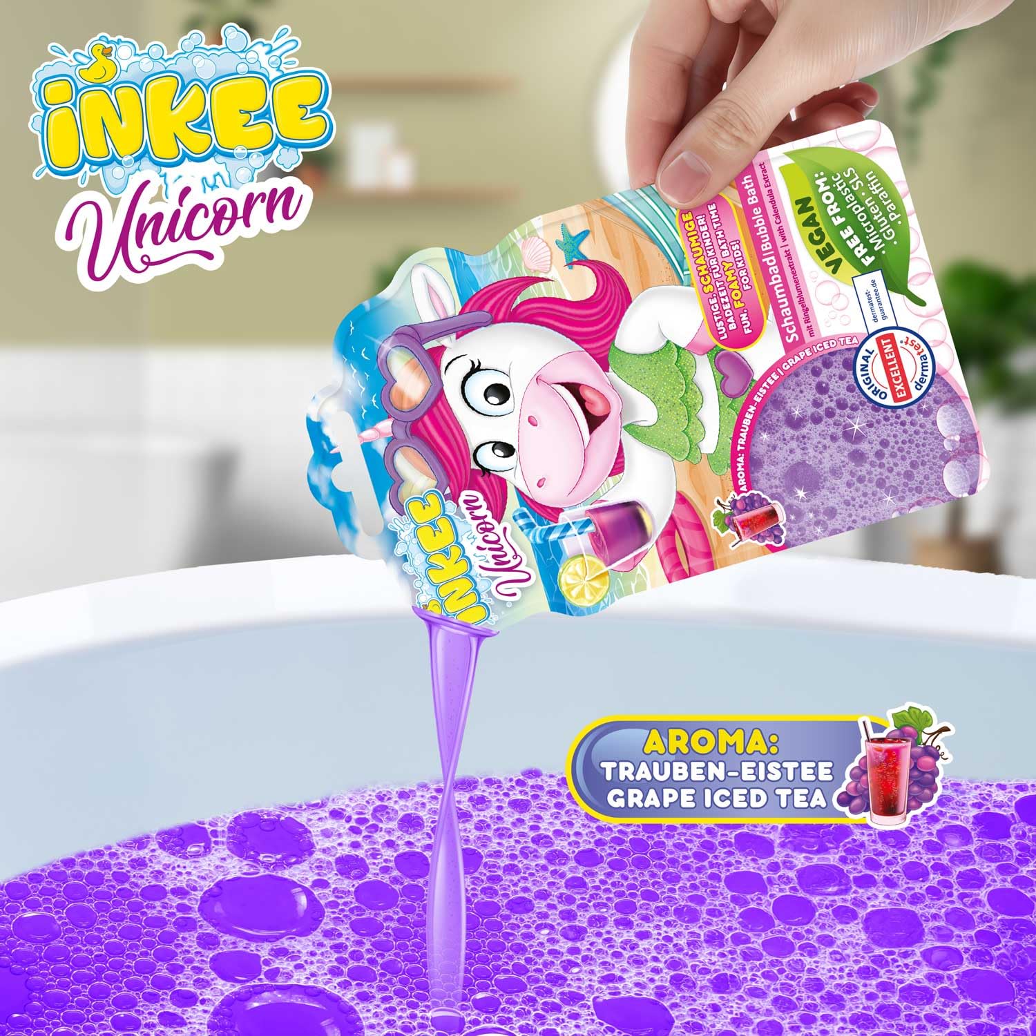 INKEE Bubble Bath Unicorn - Kąpiel bąbelkowa dla dzieci Jednorożec, Fioletowy płyn do kąpieli z ekstraktem z nagietka i aromatem mrożonej herbaty z winogronami, 40g