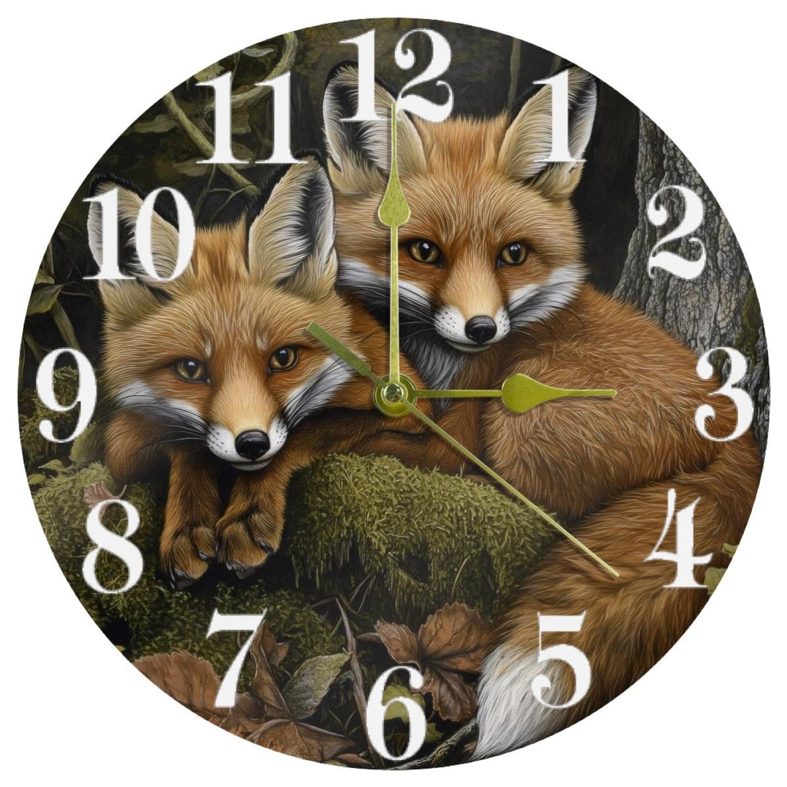 Horloge murale ronde Forest Foxes silencieuse à quartz pour bureau et maison