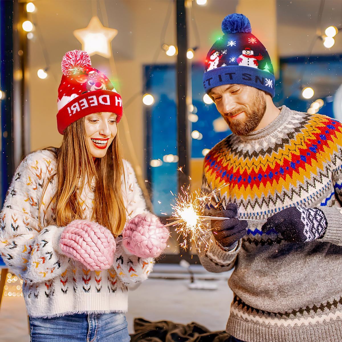 Sombrero de Navidad de punto LED, 2 piezas de gorro de Navidad Gorro de invierno, nieve, vacaciones, para niños, hombres, mujeres, niños, niñas, festival de Navidad, fiesta de cumpleaños