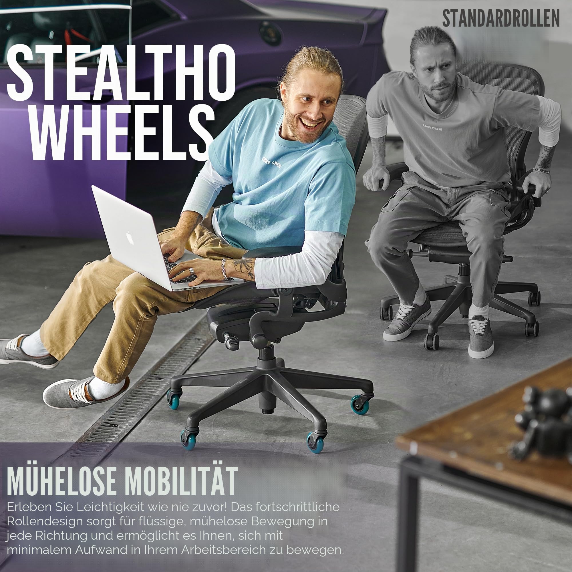STEALTHO Robuste Bürostuhl-Rollen, Set mit 12,7 - 7,6 cm patentierten Rollen, für Hartholz, Fliesen, Teppich, SGS-geprüft, 295 kg Kapazität, ABEC-9-Kugellager, passend für 7/16 x 7/8 Vorbau, nicht