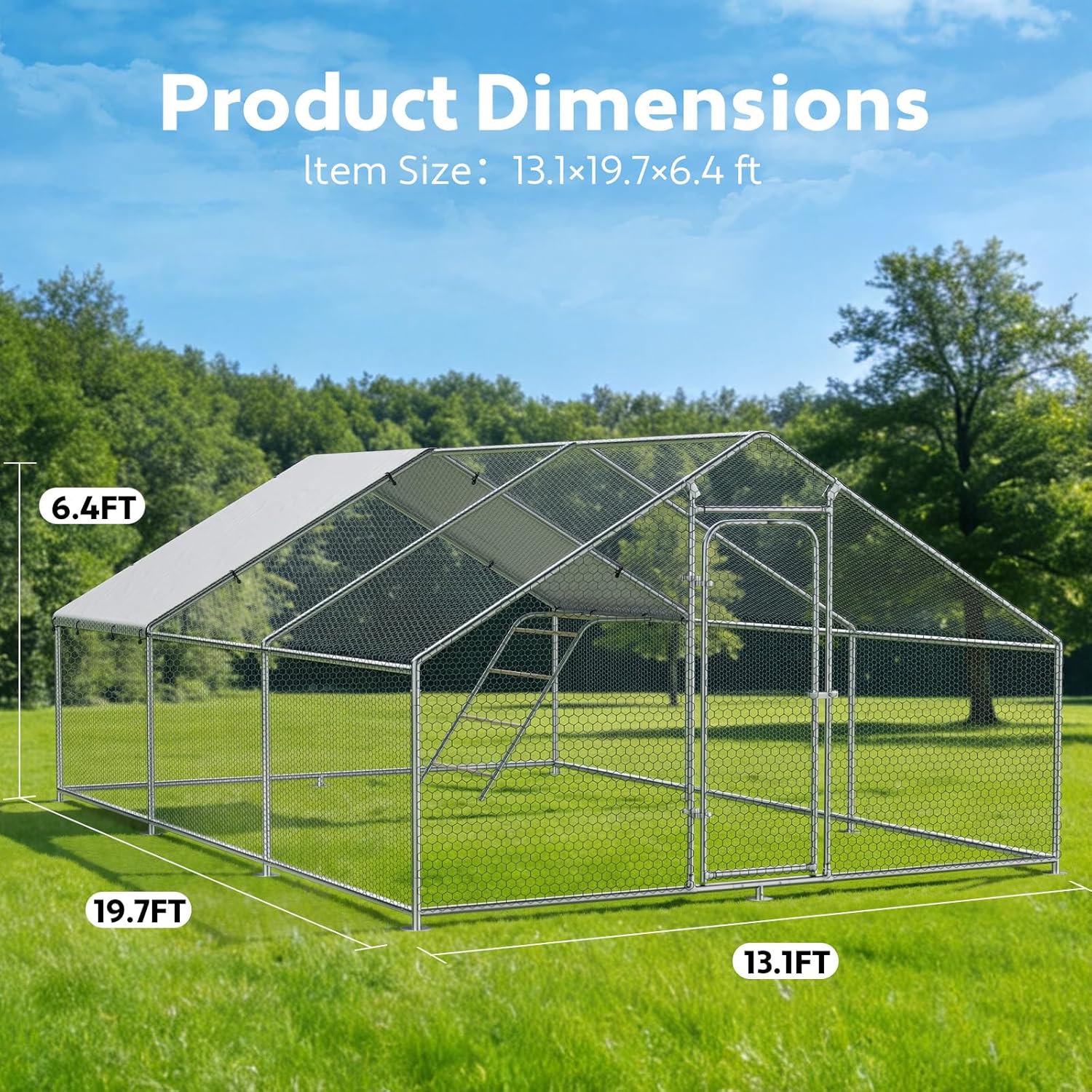 Large Metal Chicken Coop,19.7' L x 13.1' W x 6.4' H, Walk-in Chicken Run with Roosting Perch & Waterproof & UV-Resistant Cover, Spire Roof Extra Large Chicken Coop for Outdoor Backyard Farm