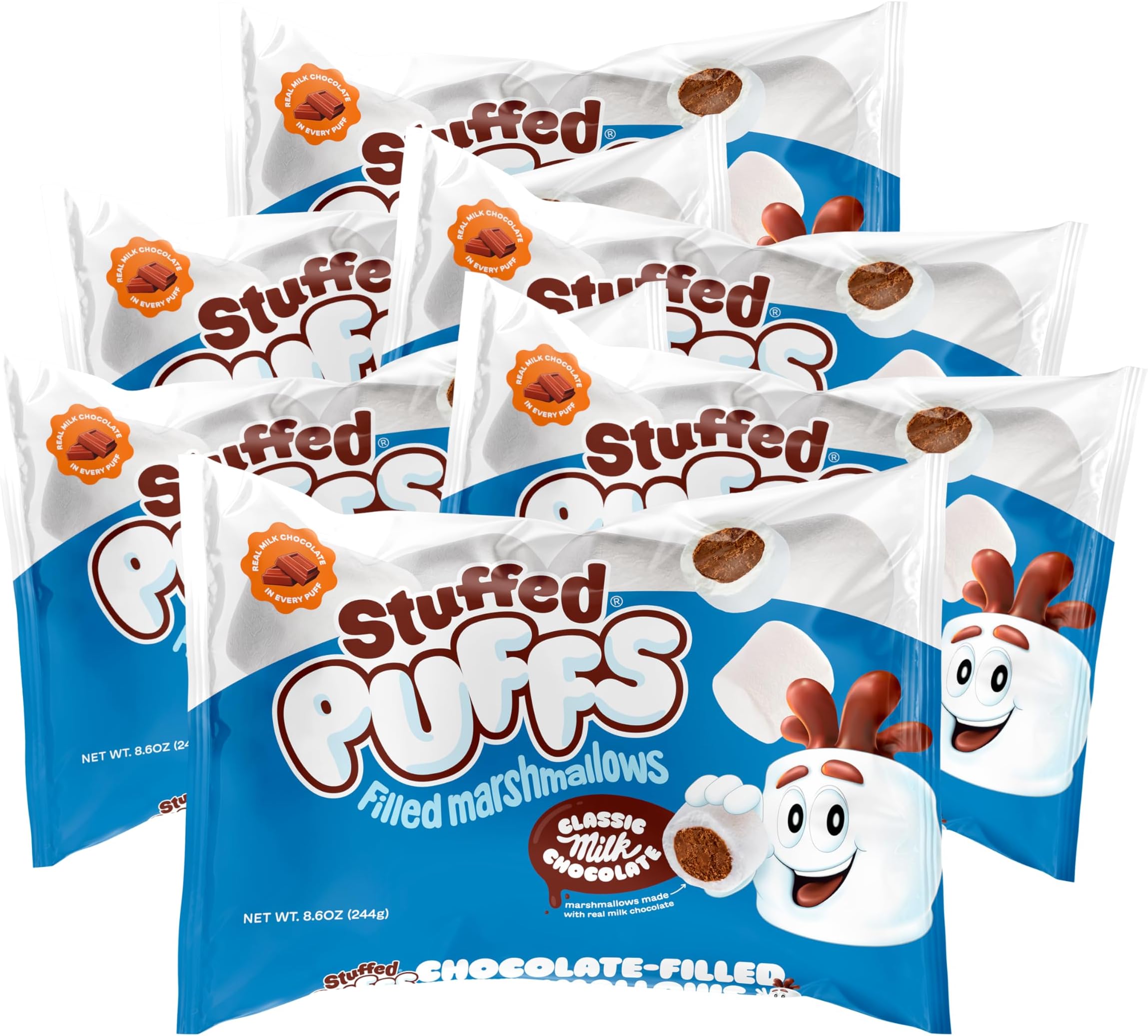 Stuffed Puffs Classic Milk Chocolate 6 Pack, Chocolate Filled Marshmallows Made with Real Chocolate, Perfect for S'mores, 6 bags (8.6 oz each)