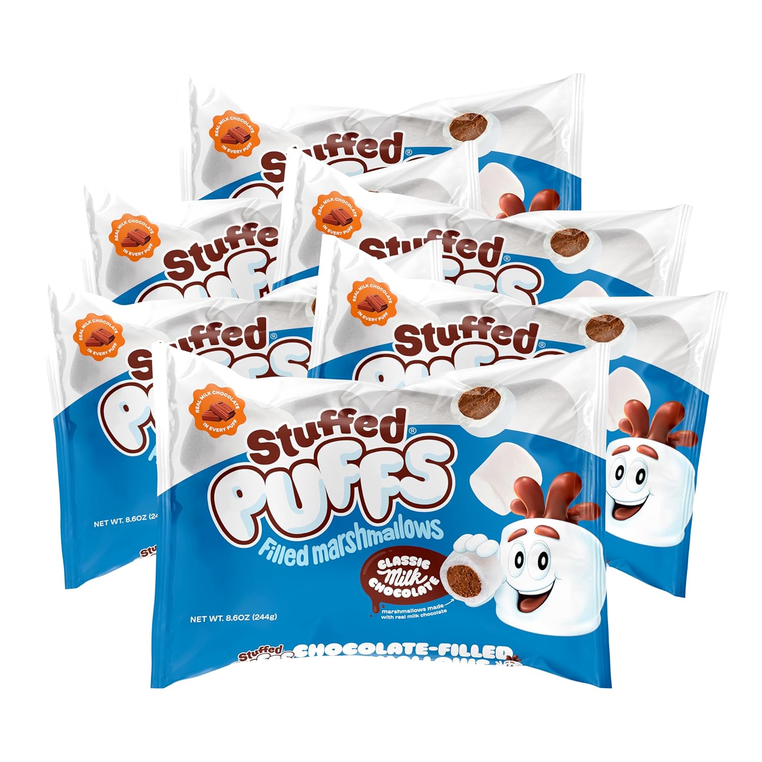 Stuffed Puffs Classic Milk Chocolate 6 Pack, Chocolate Filled Marshmallows Made with Real Chocolate, Perfect for S'mores, 6 bags (8.6 oz each)