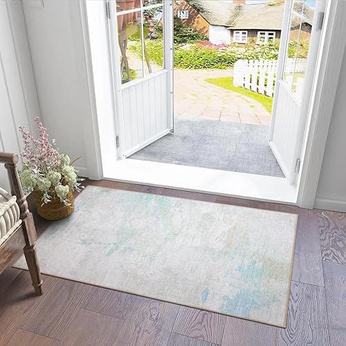 Alfombra de entrada de 2 x 3 pies, resistente a las manchas, lavable, con parte trasera de goma antideslizante, alfombra bohemia envejecida de pelo