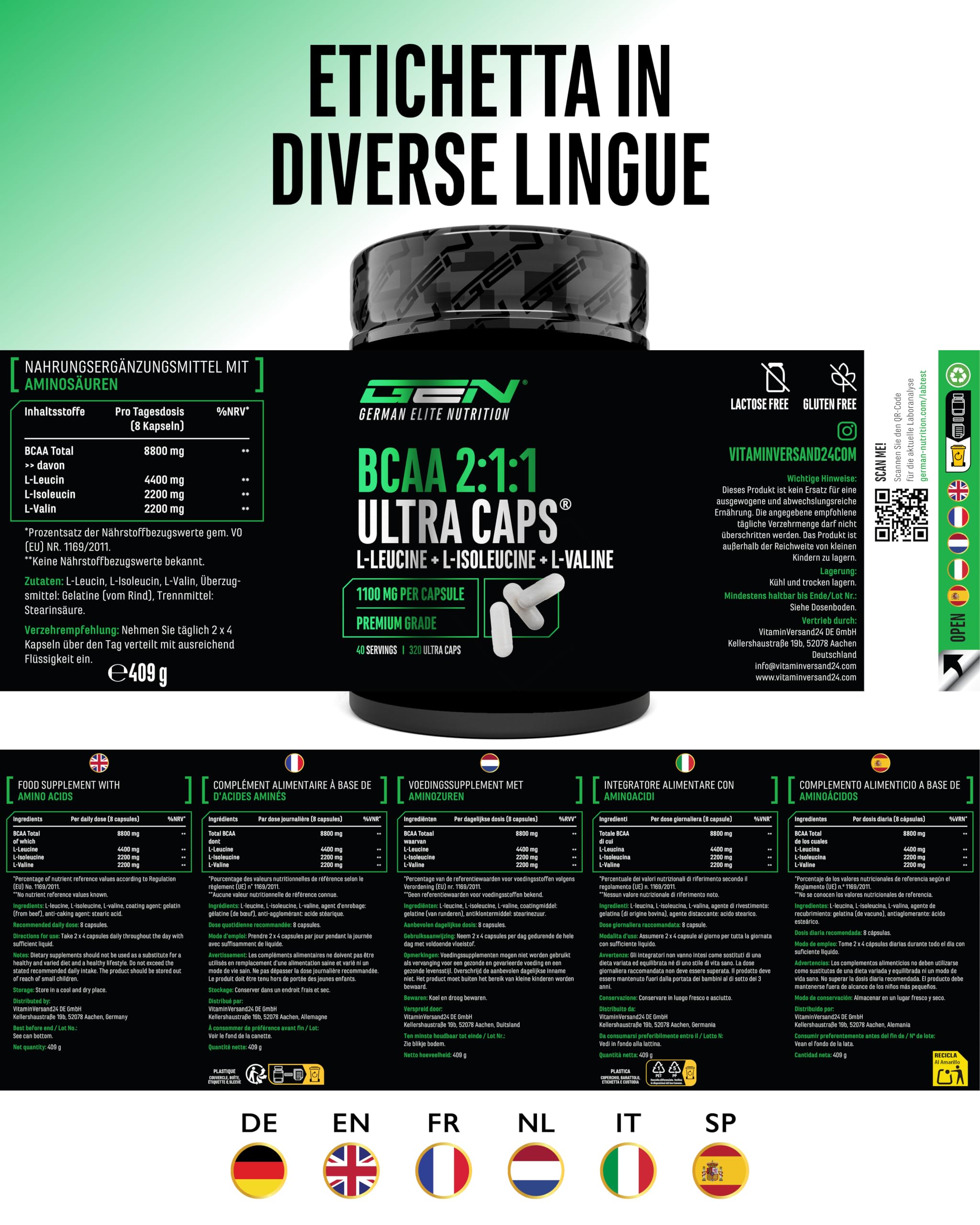 BCAA 2:1:1 ULTRA CAPS® - 320 Capsule - 1100 mg per Capsula - 8800 mg per Dose Giornaliera - L-Leucina, L-Isoleucina e L-Valina - Aminoacidi Essenziali