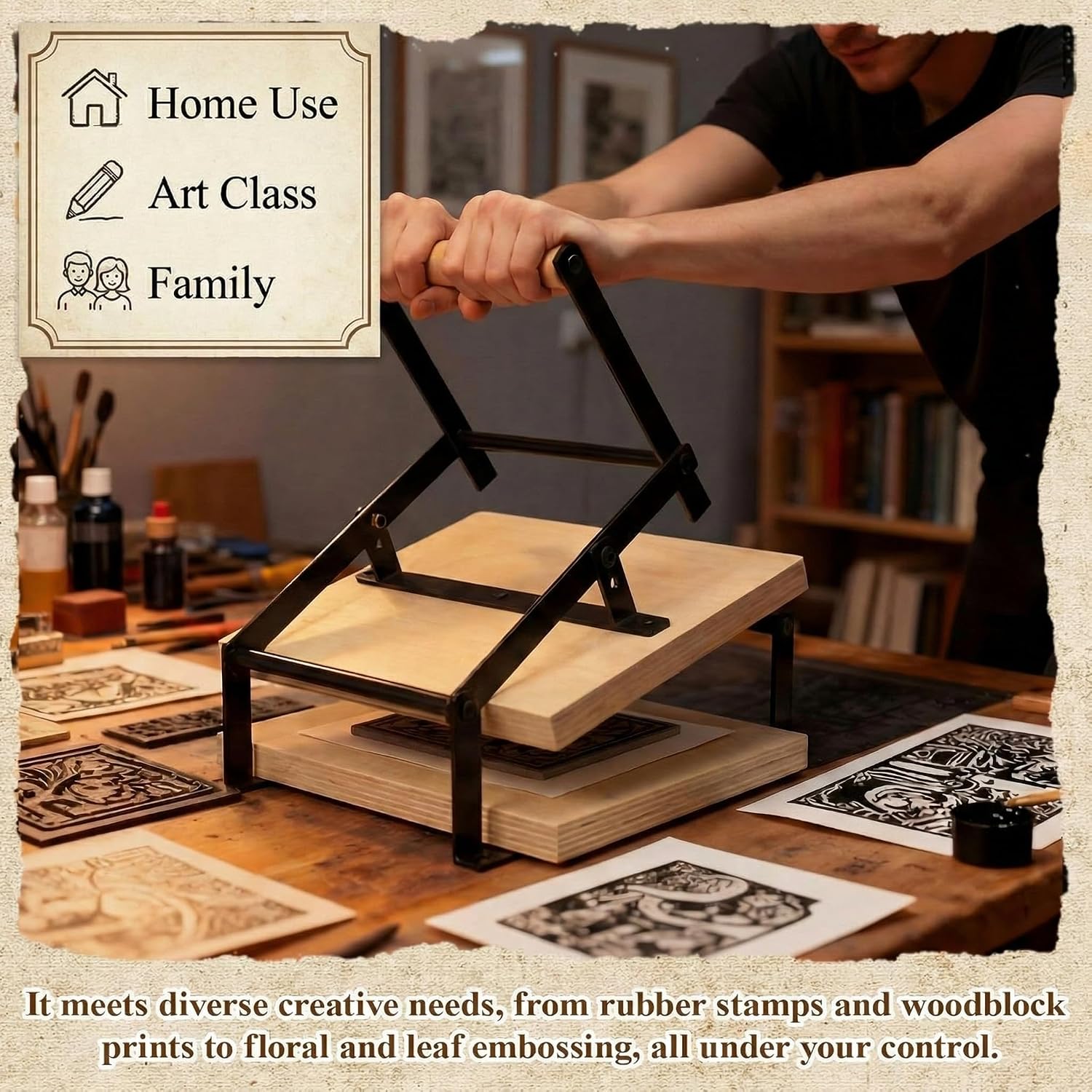 A4 Black Printing Linocut Hand Lever Press Machine with Rollers and Felt Pads for Lino Cuts, Cutting Printing, Linoleum Blocks Printmaking Tools Kit for Students, Beginners and Kids Crafts