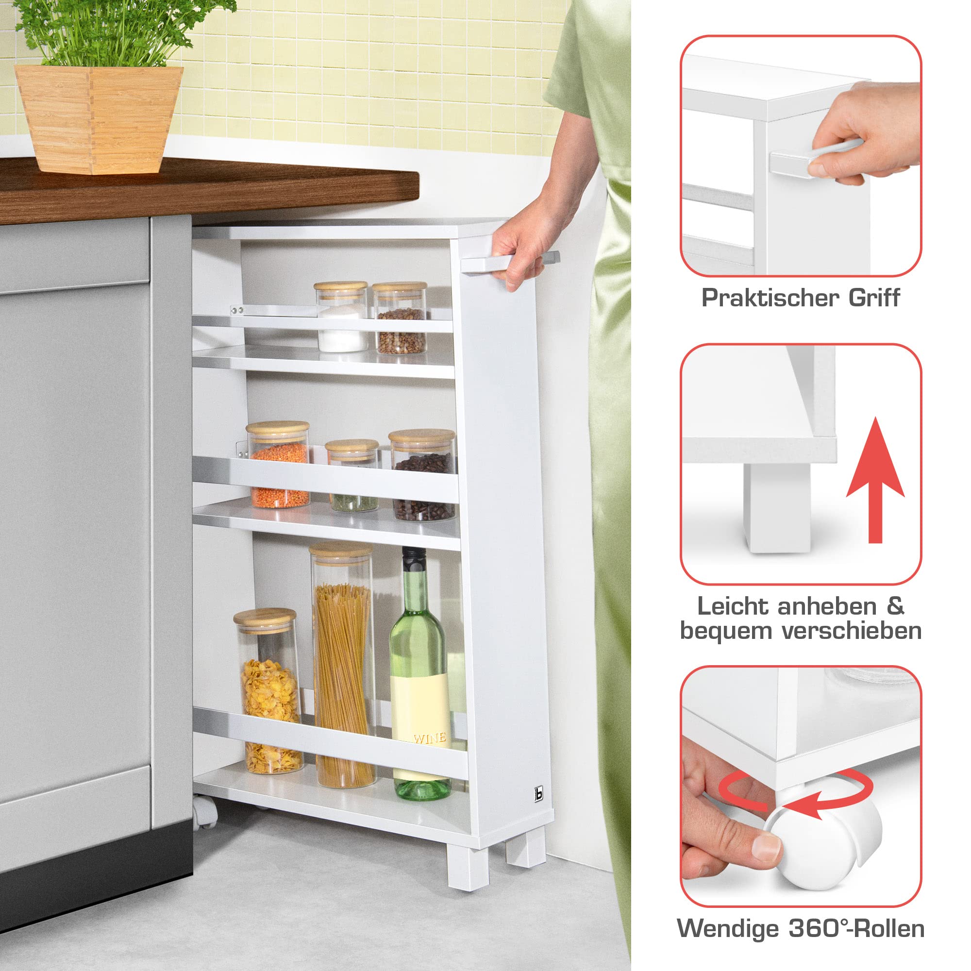 bomoe Nischenregal 15cm breit – Küchenwagen Küchenregal Schmal – Rollwagen Schmal 3 Fächer & Arbeitsplatte – Nischenschrank Küche Bad Büro – Bathroom Cart Nischenwagen Weiß 79x50 cm – Hylla