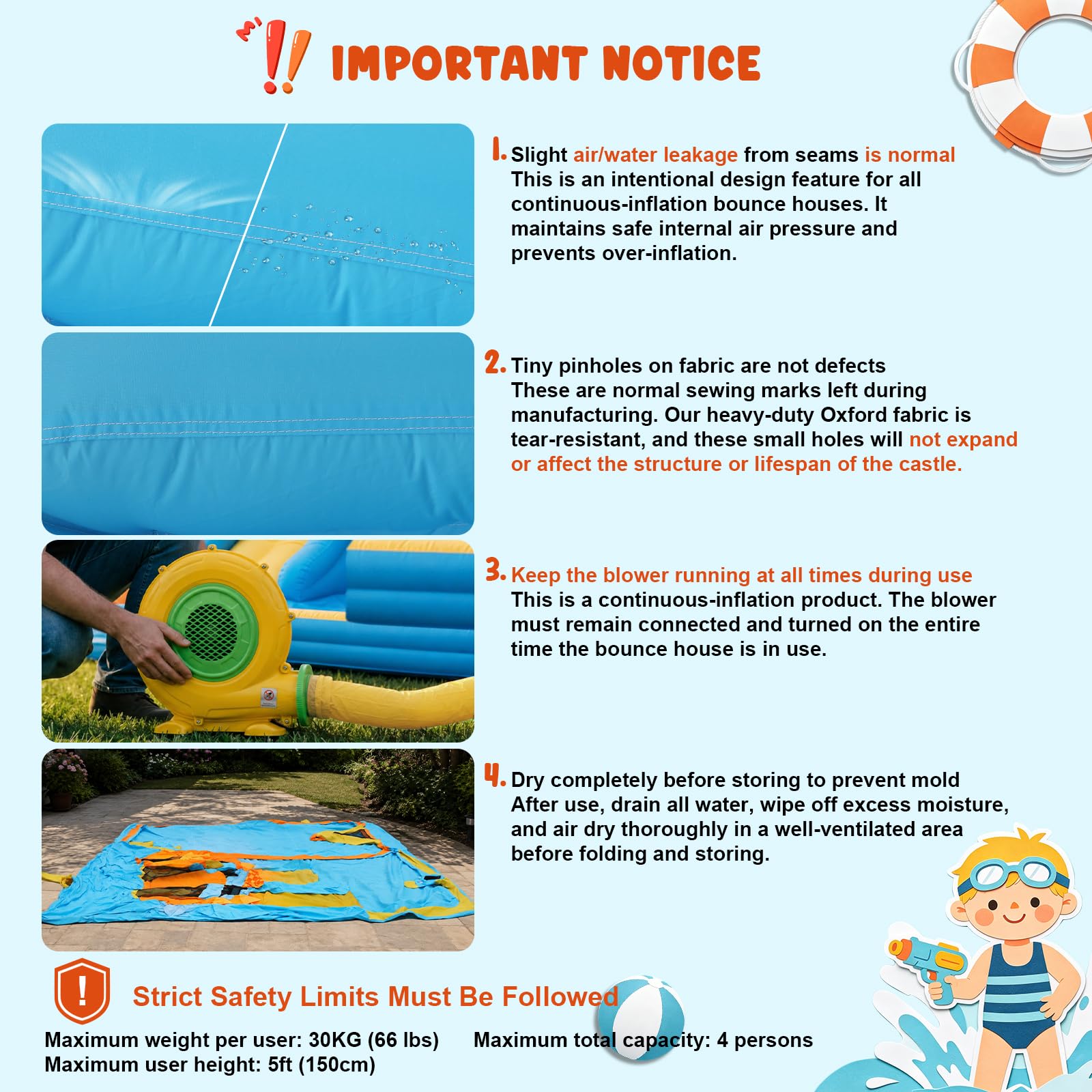 FOOING Castello Gonfiabile con 2 Scivoli Acquatici, Parete Arrampicata, Canestro Basket, Giochi da Giardino per Bambini, Piscina Esterna con Rete di Sicurezza per Feste All'aperto