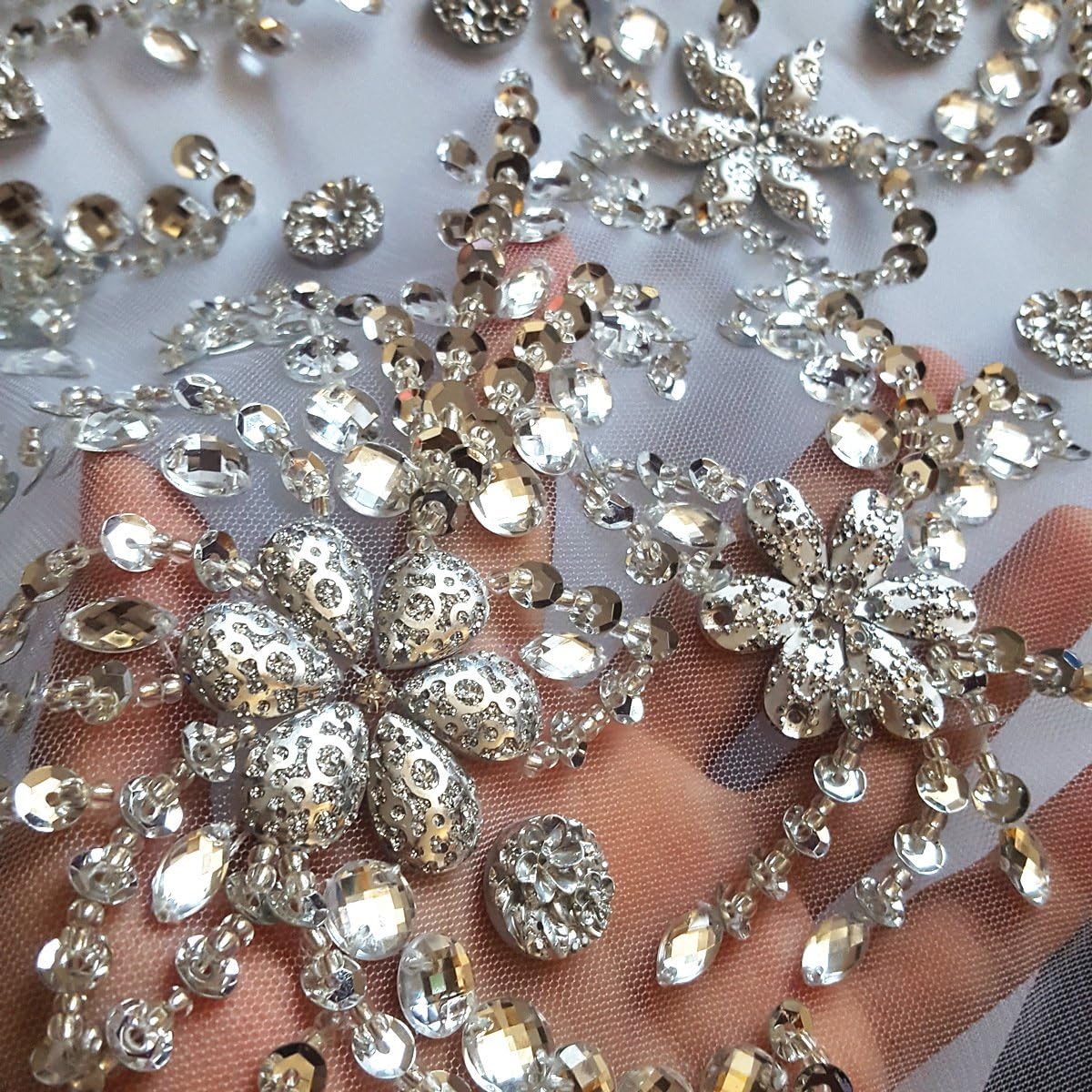 Noble Pure Handmade Beaded Crystal Patches Sew on Rhinestones with Stones Sequins Beads Applique Designs Patches Sewing for DIY Wedding Dress Trim 30x60cm (Silver Color)
