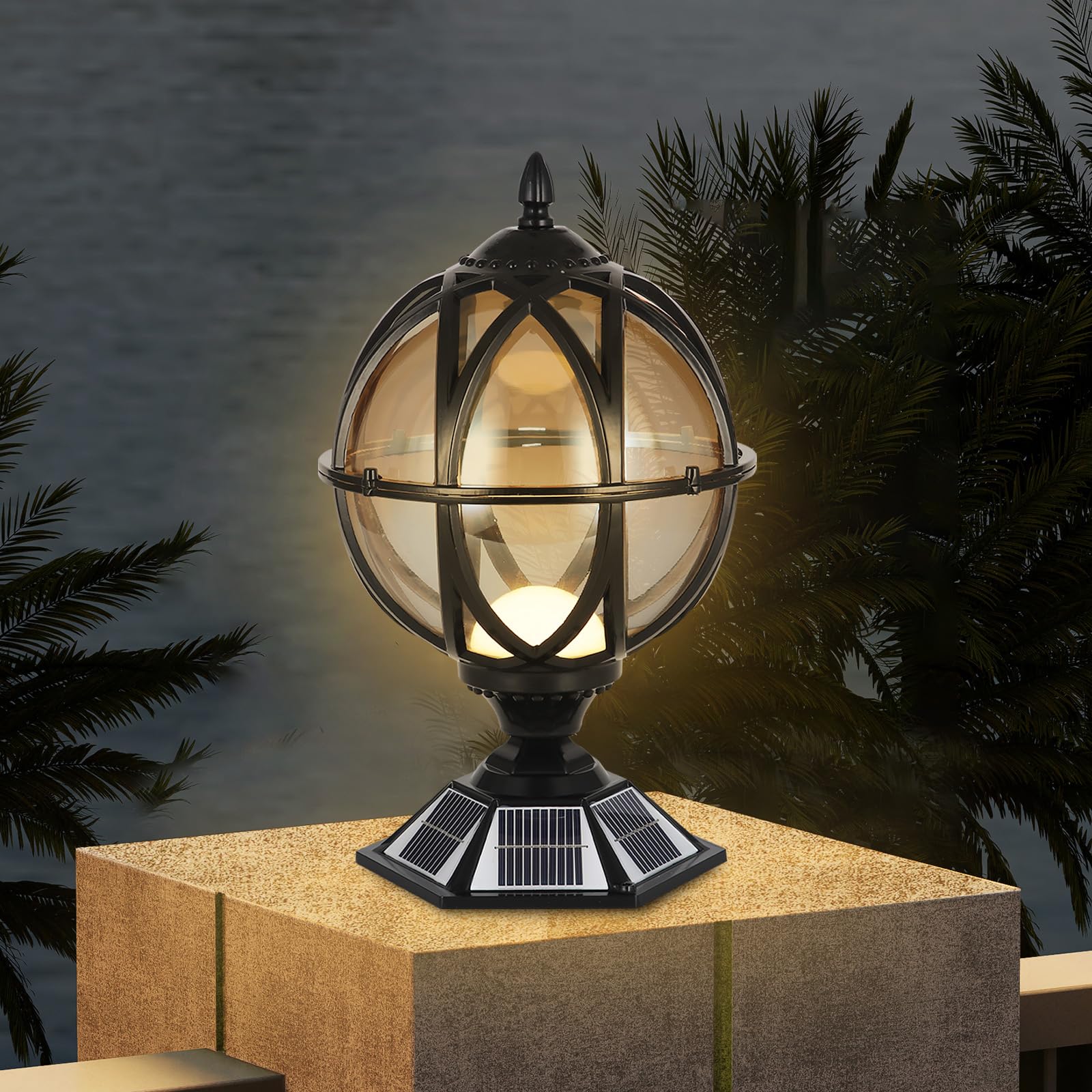YVAMNAD Outdoor Solar Post Light Fixtures 17.7In Victorian Globe Post Caps Lights Modern Solar Powered LED Column Caps Lamps With Amber Glass Waterproof Pillar Lights Patio Fence Deck Caps Pedestal La