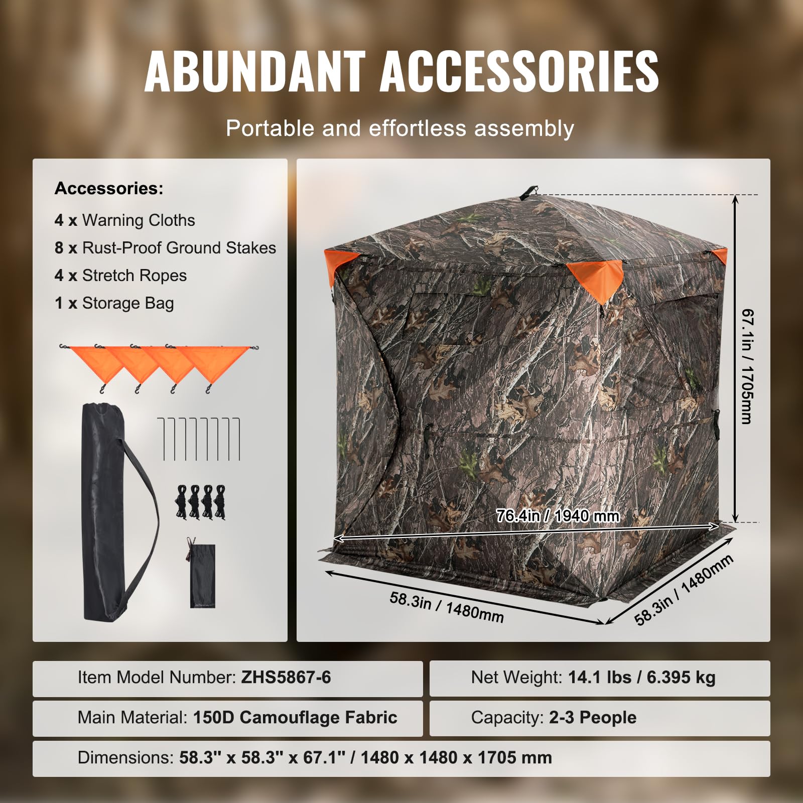 VEVOR Tienda de Caza Portátil Visión de 270° Puesto de Caza Plegable para 2 o 3 Personas con Bolsa de Transporte Tienda de Camuflaje Resistente con 3 Ventanas Horizontales, 1480 x 1480 x 1700 mm