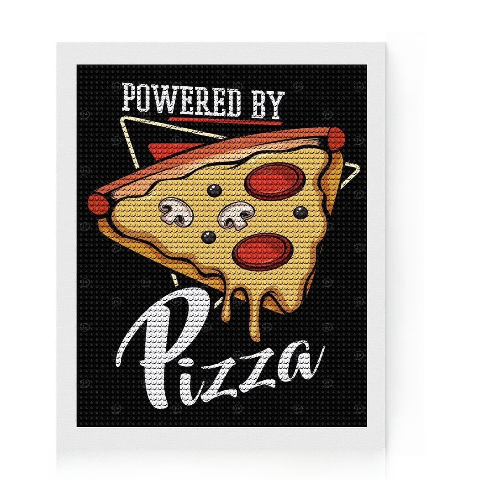Junmoney Powered By Pizza Pizzeria Diamond Painting Kit 16"x20", for Family Craft Time, Boho Decor, Calming Craft to Unwind, Birthday Gift