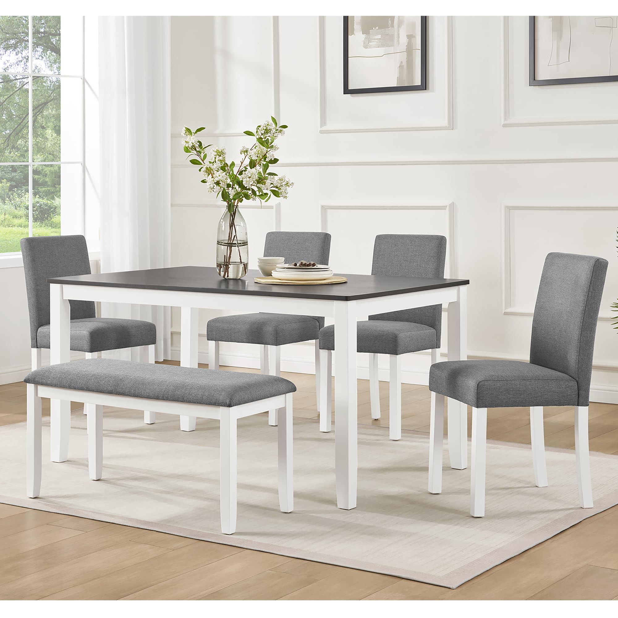 KEIKI 6-Piece Standard Height Dining Table Set with Rectangular Table, 4 Upholstered Curved Backrset Chair, Bench, for 6 Person, Modern Table Set, Easy Assembly, for Kitchen, Dining Room, White+Gray