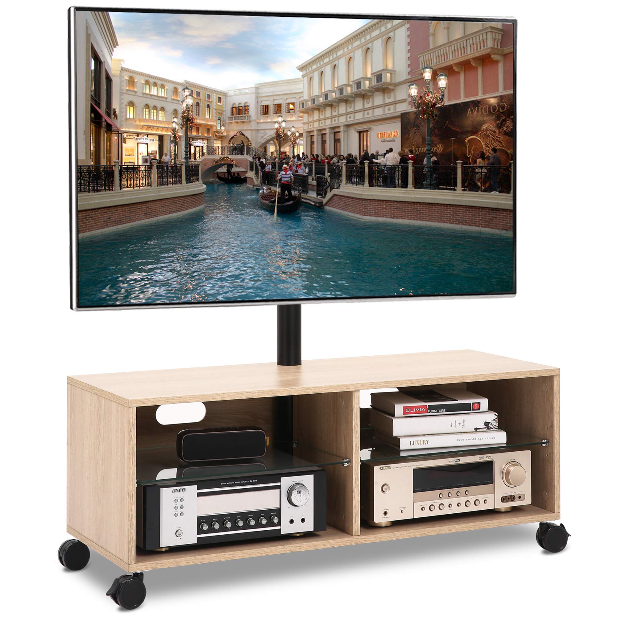 Rfiver Swivel Wood TV Stand on Wheels with Mount for 3265 inch Flat