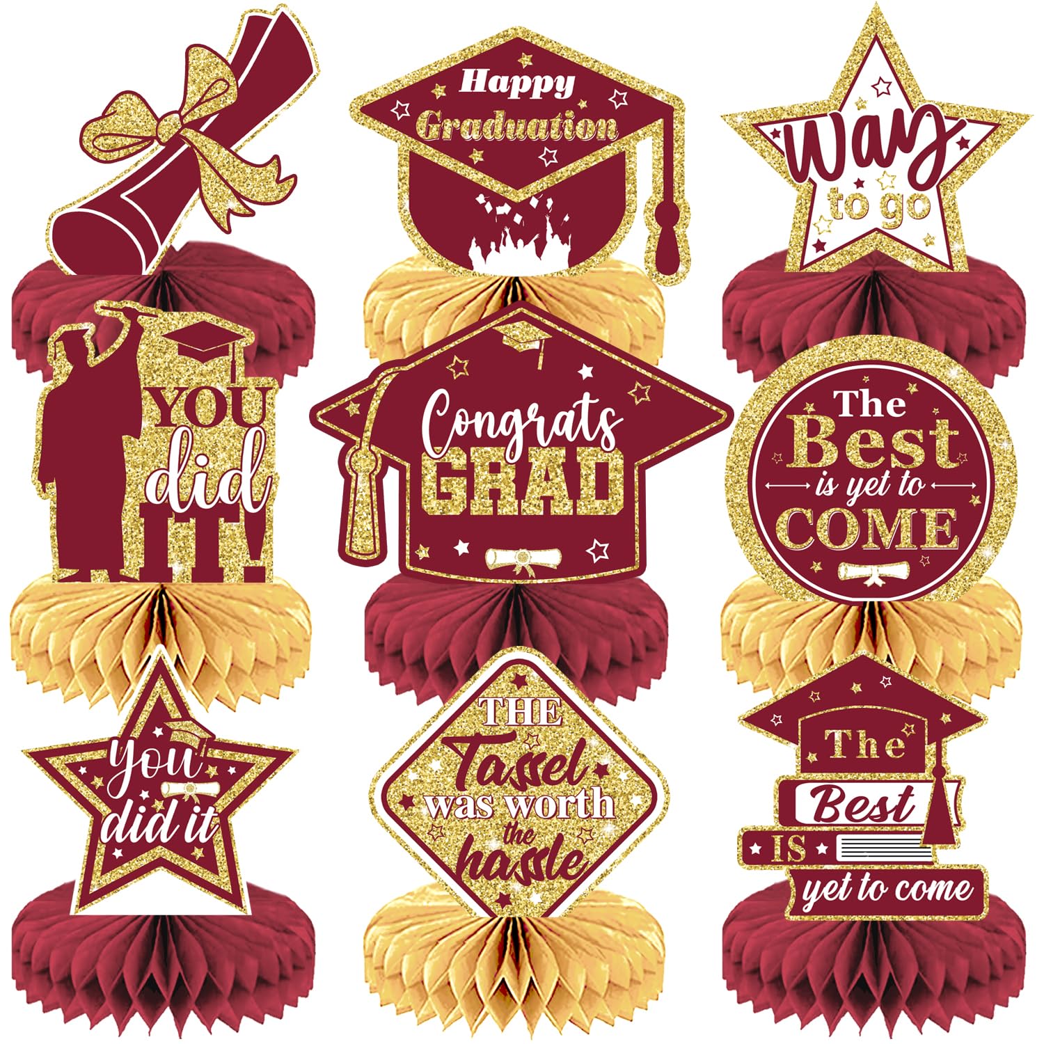 Adeyoo Graduation Table Decorations - Maroon Gold Honeycomb Centerpiece Glitter Graduation Centerpieces for Tables Congrats Grad Table Toppers