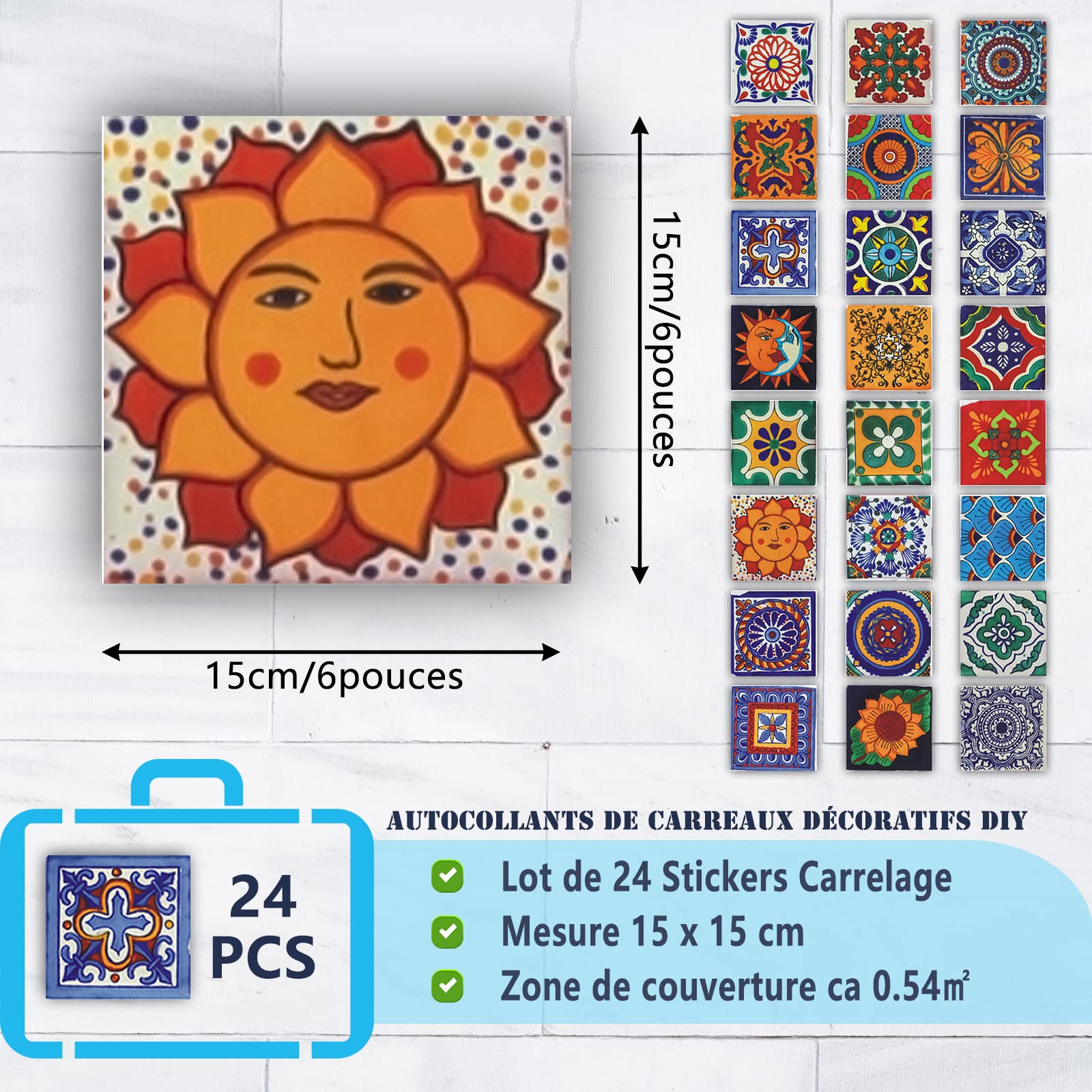 24Pz Adesivi per Piastrelle Decorazione Murale Bagno Cucina Parete Adesivi Impermeabile PVC Adesivi Decorazione - Adesivo 2D con Design retrò in Stile Mosaico (15x15cm)