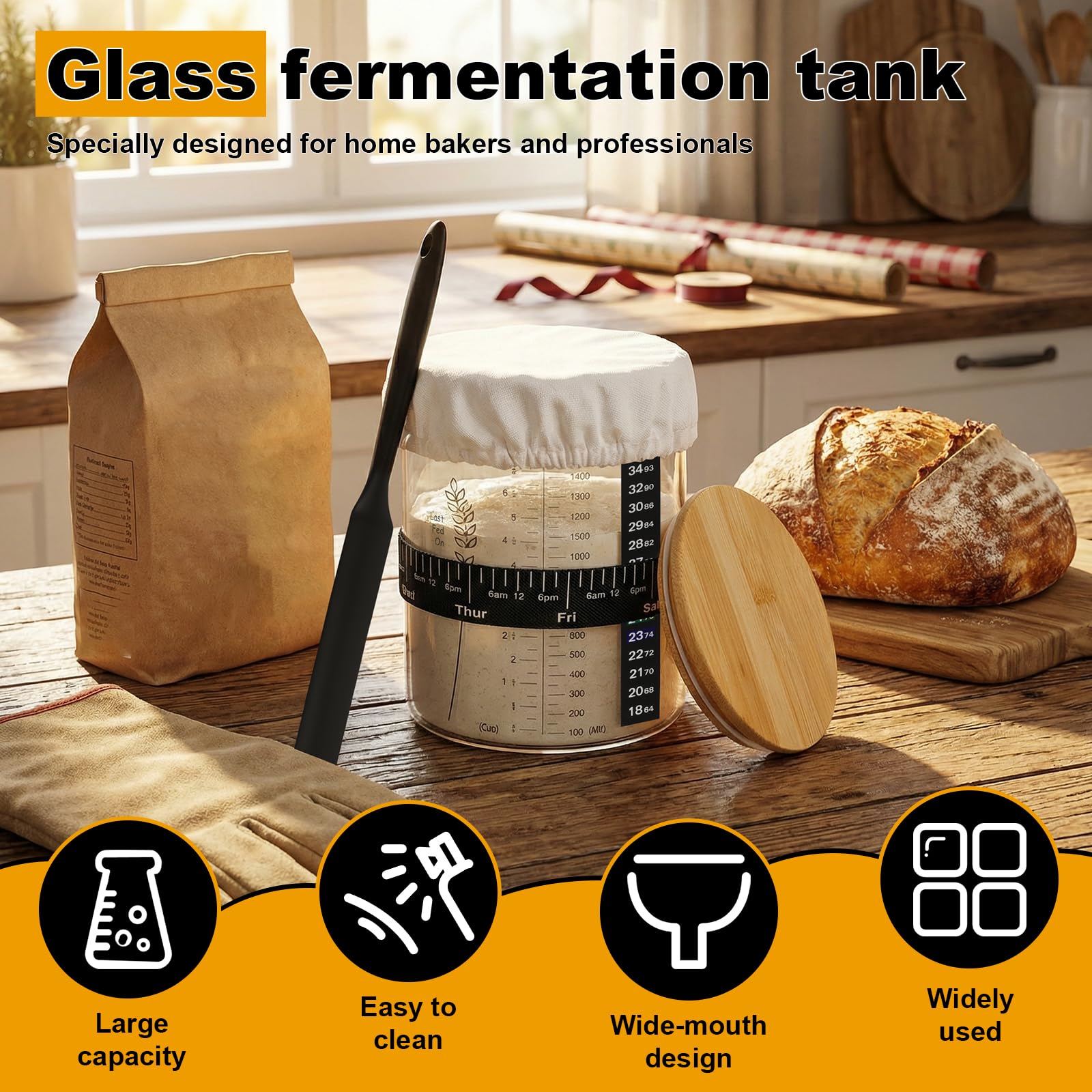 JUNFEIFLUX 2 Stück 1500ml Sauerteig Starter Set | Sauerteig Glas Breithals, Sourdough Starter Kit mit Bambusdeckel, Spatel und Thermometer für Brot Backen, Küche und Bäckerei