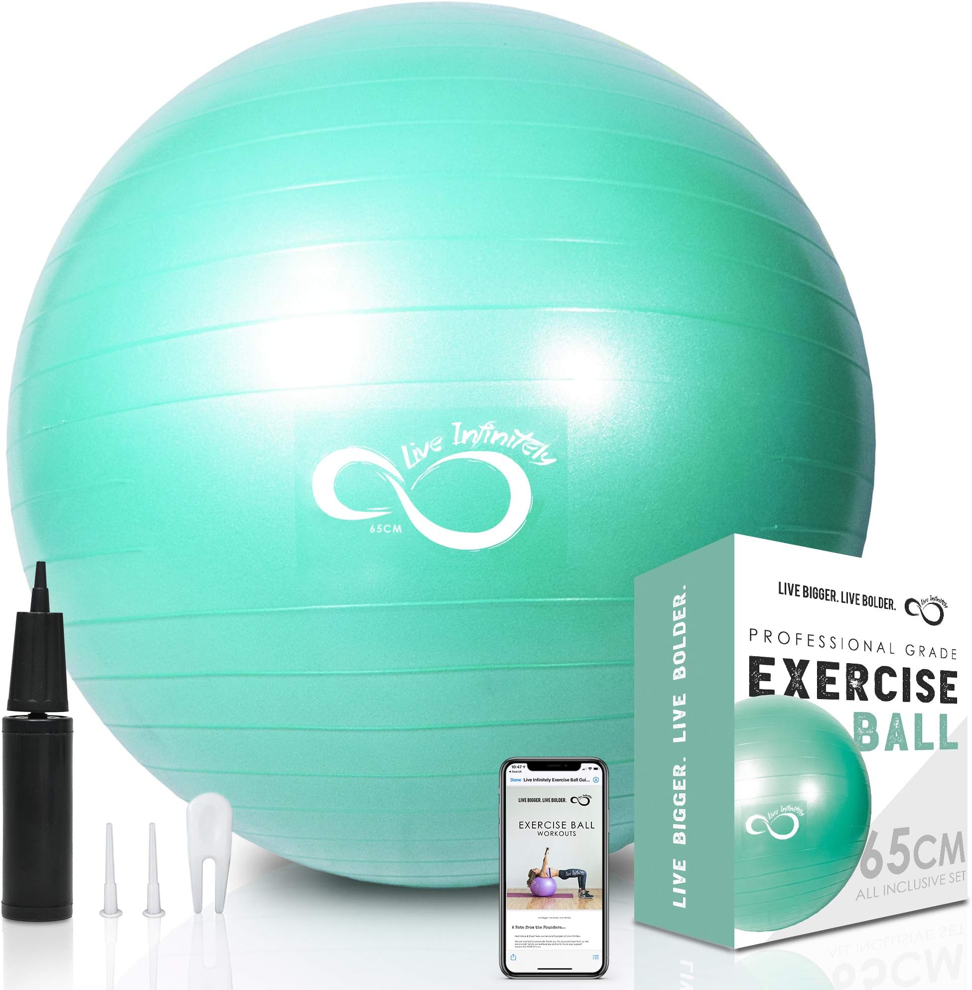 Live Infinitely Exercise Ball (55cm-95cm) Extra Thick Professional Grade Balance & Stability Ball- Anti Burst Tested Supports 2200lbs- Includes Hand Pump & Workout Guide Access
