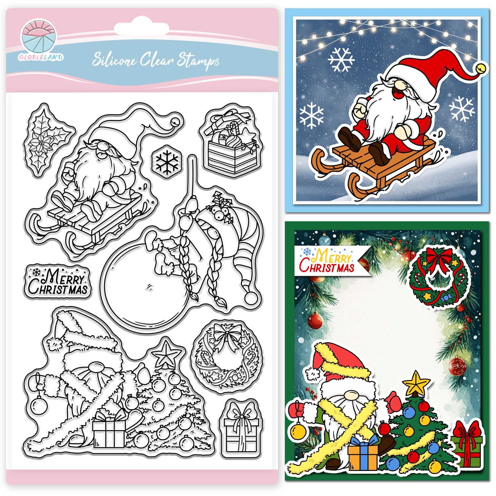 GLOBLELAND Christmas Gnome Clear Stamp for Scrapbooking Christmas Tree Silicone Stamps Christmas Decoration Transparent Stamp for Card Making DIY Embossing Journaling