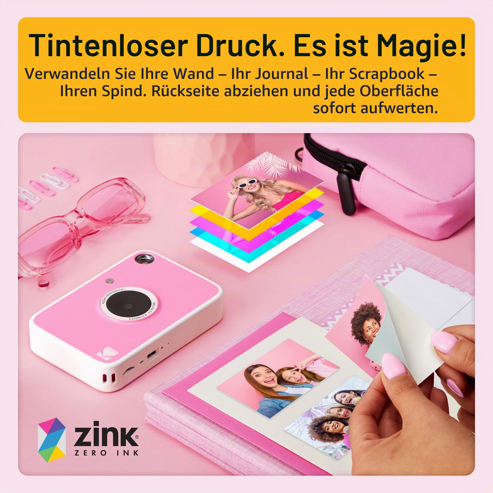 Kodak Printomatic+ Sofortbild-Digitalkamera, Zink-Fotopapier 2x3 (5,1x7,5 cm) 10 MP, RGB-LED, druckt Farbfotos, Rosa