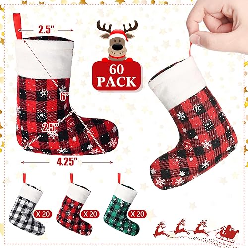 Miniatura 2 de Laumoi 60 mini medias de Navidad a granel de 5 pulgadas, calcetines de lana cuadriculada con copo de nieve y puño de felpa, pequeños adornos de