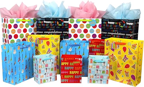 12 bolsas de regalo de cumpleaños, grandes, medianas y pequeñas, surtido de bolsas de regalo para niños, niñas, mujeres, hombres (tamaños surtidos)
