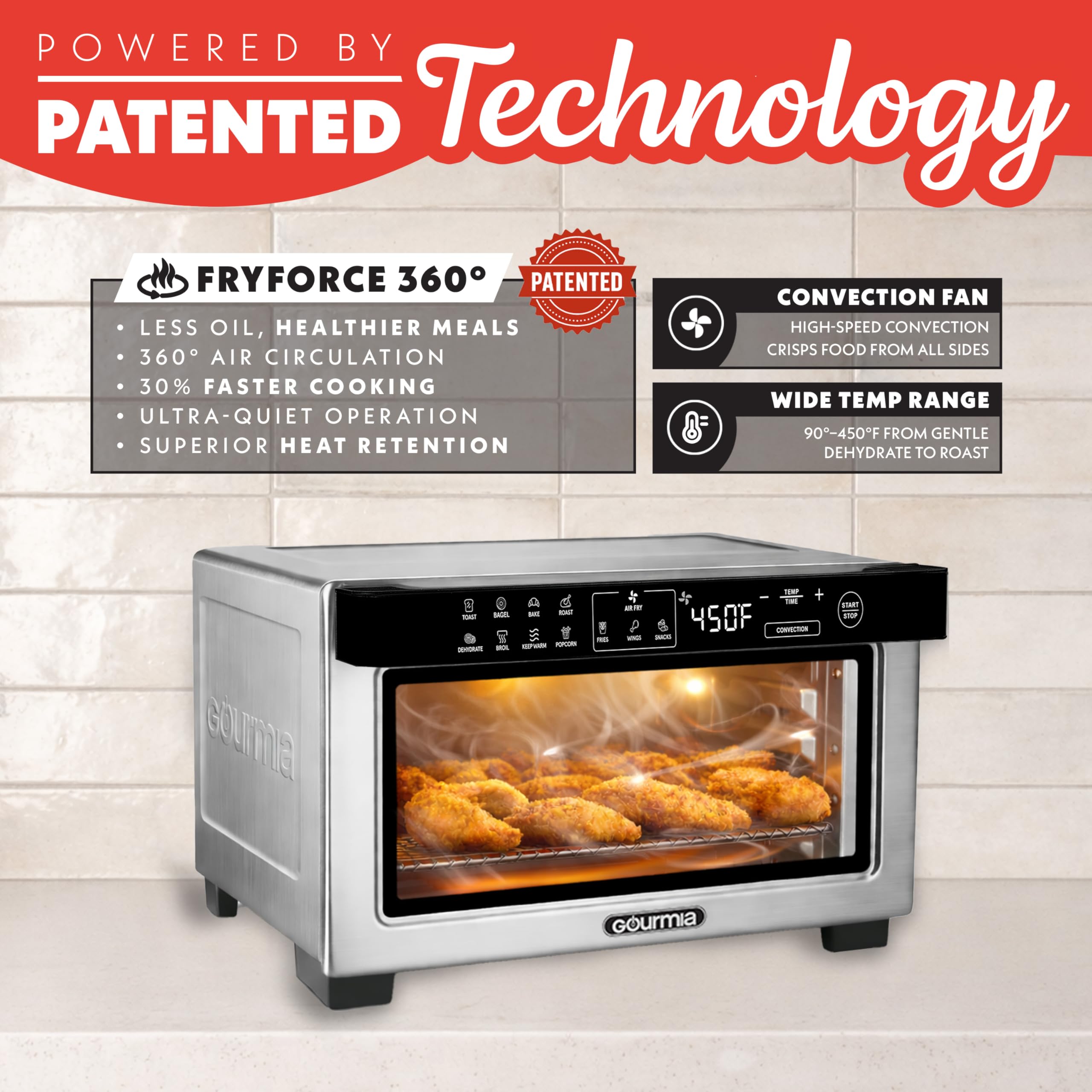 Gourmia Toaster Oven Digital Air Fryer - Convection Mode with 4 Slice Capacity, 3 Rack Positions, 12 Presets, Toast, Bagel, Bake, Roast, Broil, Dehydrate, Popcorn, Fits 9" Pizza, Stainless Steel — view 3