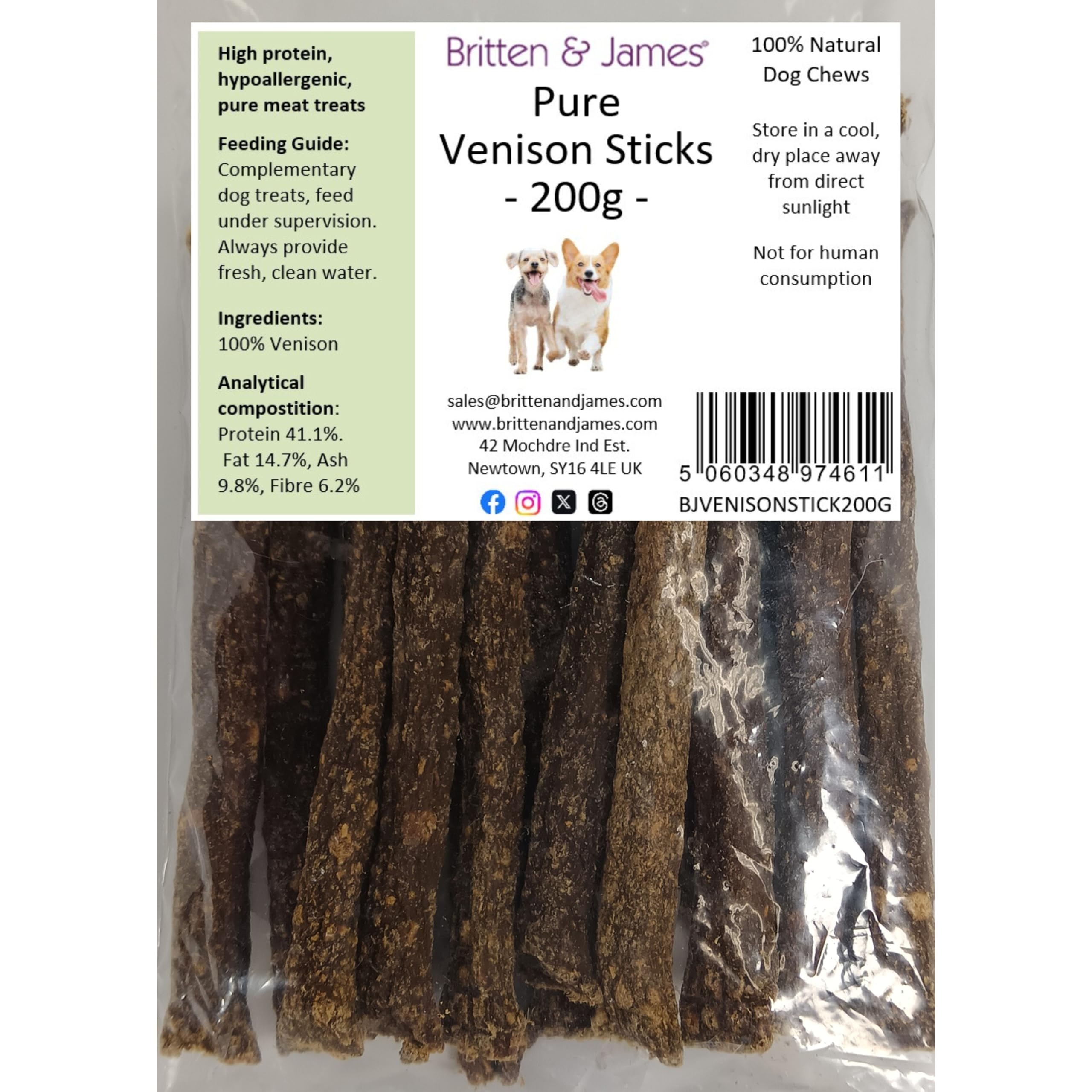 Pure Venison Sticks for Dogs by Britten and James (200g). Healthy, 100% Natural Pure Meat, Grain Free