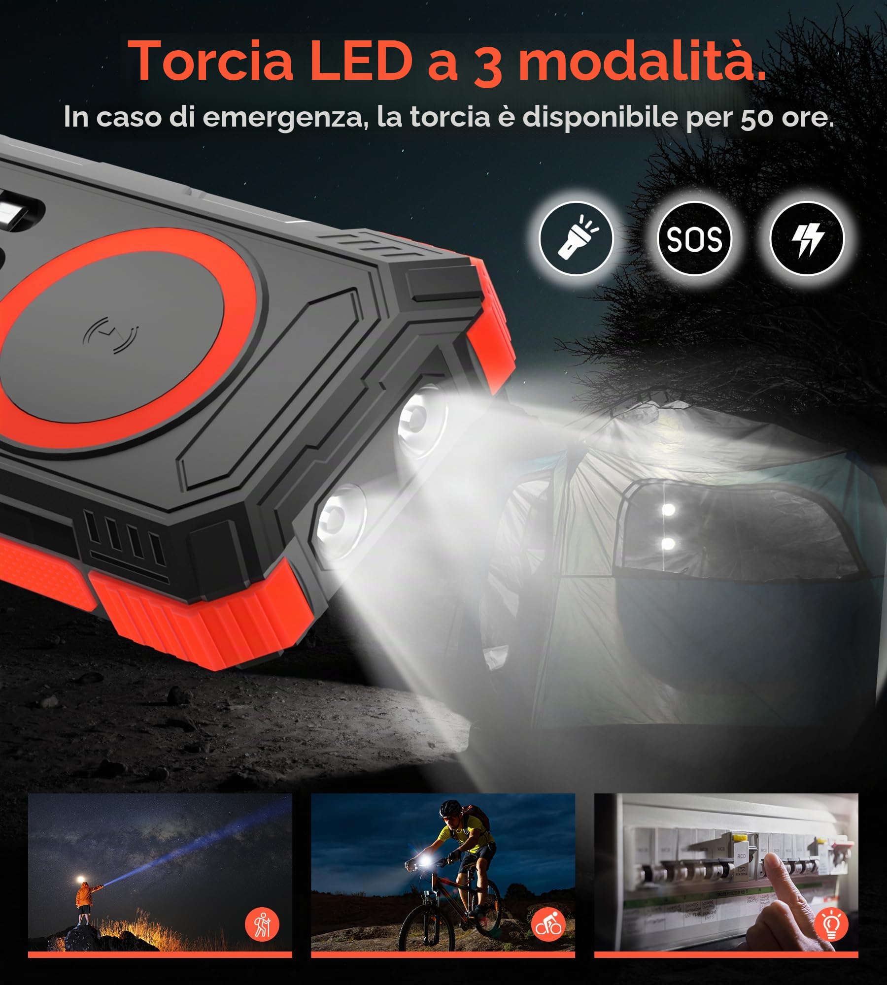 Power Bank Solare 56800mah con Funzione di Ricarica Wireless, STANDARD Viene fornito con 5 Uscite 3 Ingresso, Torcia Elettrica, Moschettone, Qc 30 E USB C Pd 20w per Telefoni Portatili