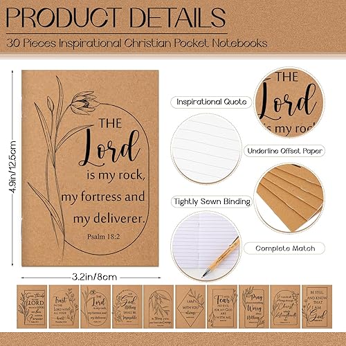 Miniatura 2 de Juego de 30 regalos cristianos a granel, bloc de notas con versículos de la Biblia, mini cuaderno inspirador, bolígrafos retráctiles de bambú,
