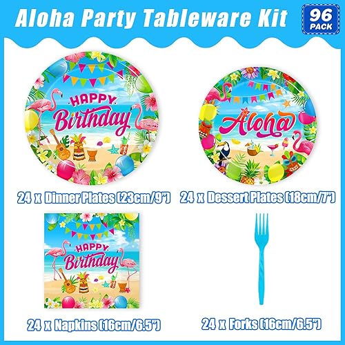 Miniatura 2 de 96 piezas de suministros de decoración de fiesta hawaiana Aloha, platos de fiesta de cumpleaños tropicales Luau Tropical para verano, playa
