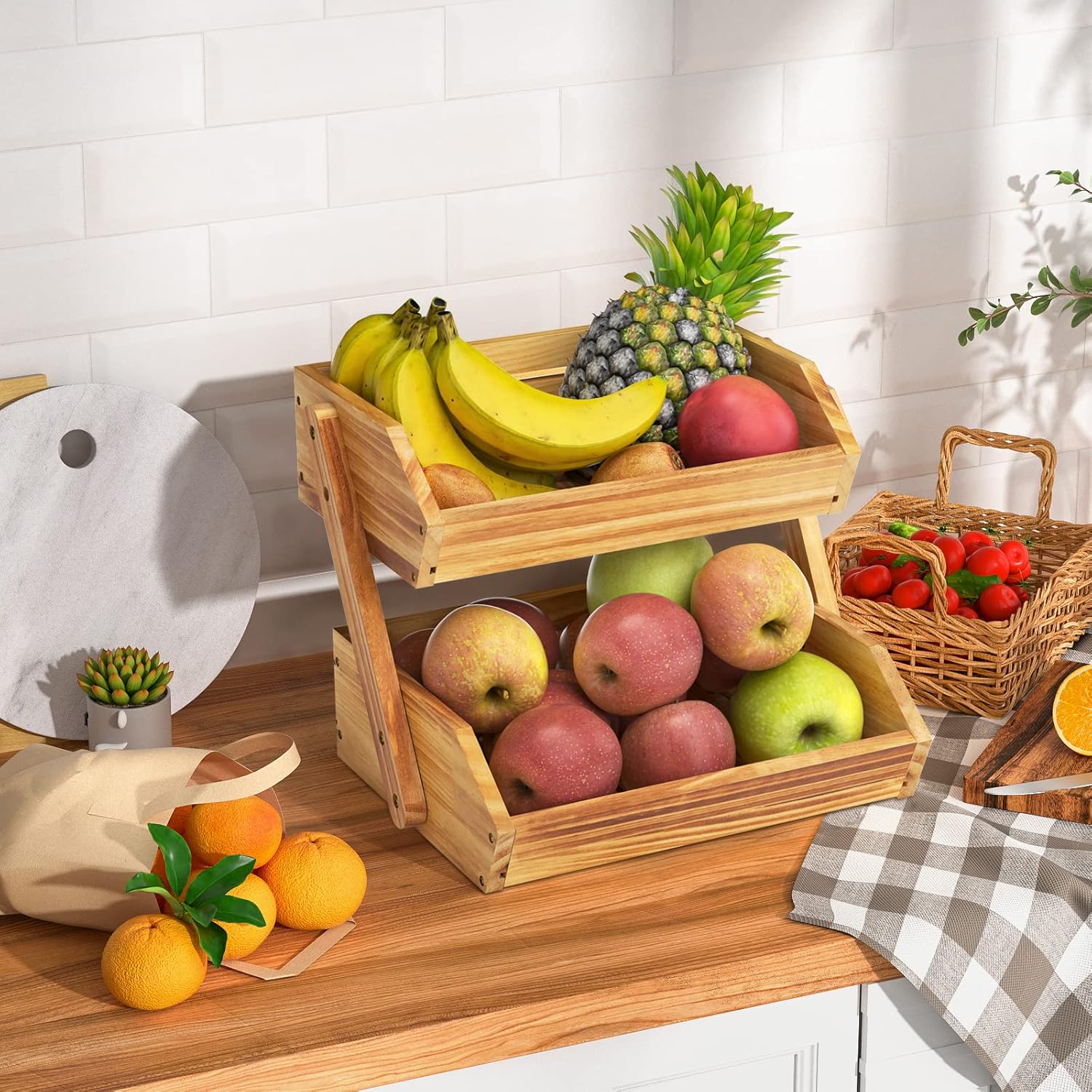 Merysen 2 Tier Wooden Fruit Basket For Kitchen, Bread Vegetable Fruit Basket Bowl Stand, Farmhouse Fruit Bowl for Countertop, Large