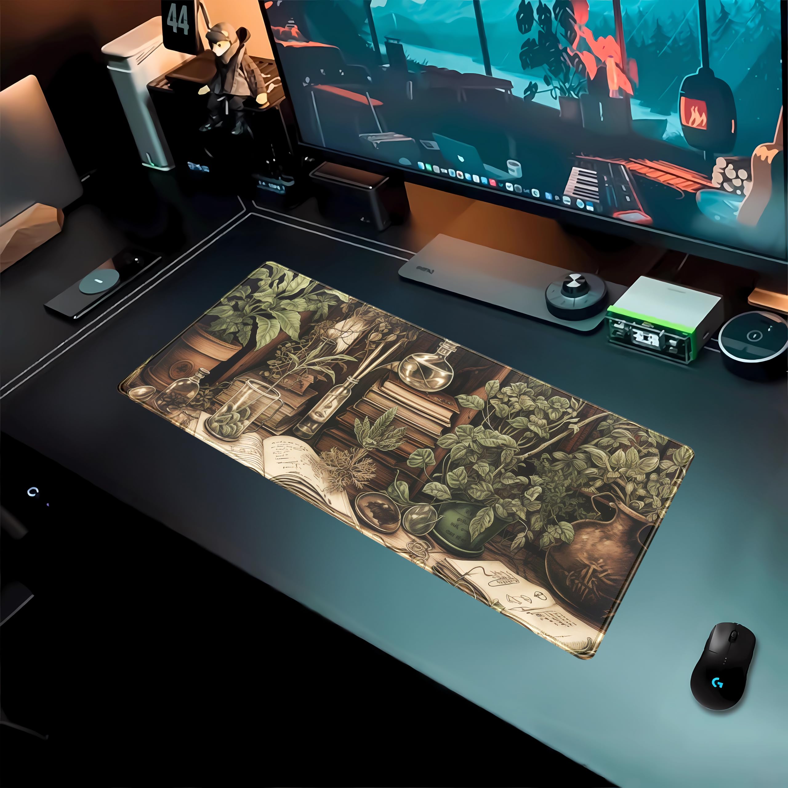 Alfombrilla de ratón para jugar retro verde oliva, tamaño XL, para amantes de las plantas, bordes cosidos, base de goma antideslizante, para teclado de ordenador portátil y ratón, 80 x 30 cm