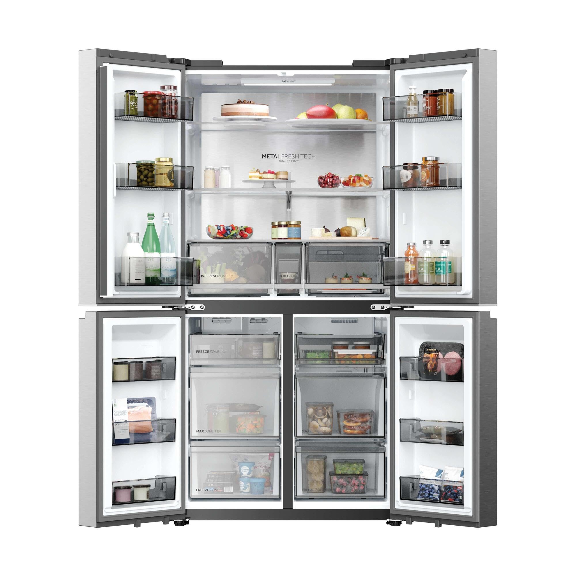 Haier Horizon Collection HCR59F18DNMM - Frigorífico Americano 706L, 4 Puertas, Antibacterias ABT, Motor Inverter, Magic Zone, Total No Frost, Ancho 90,5 cm, Alto 182,5 cm, Metal Fresh, Inox