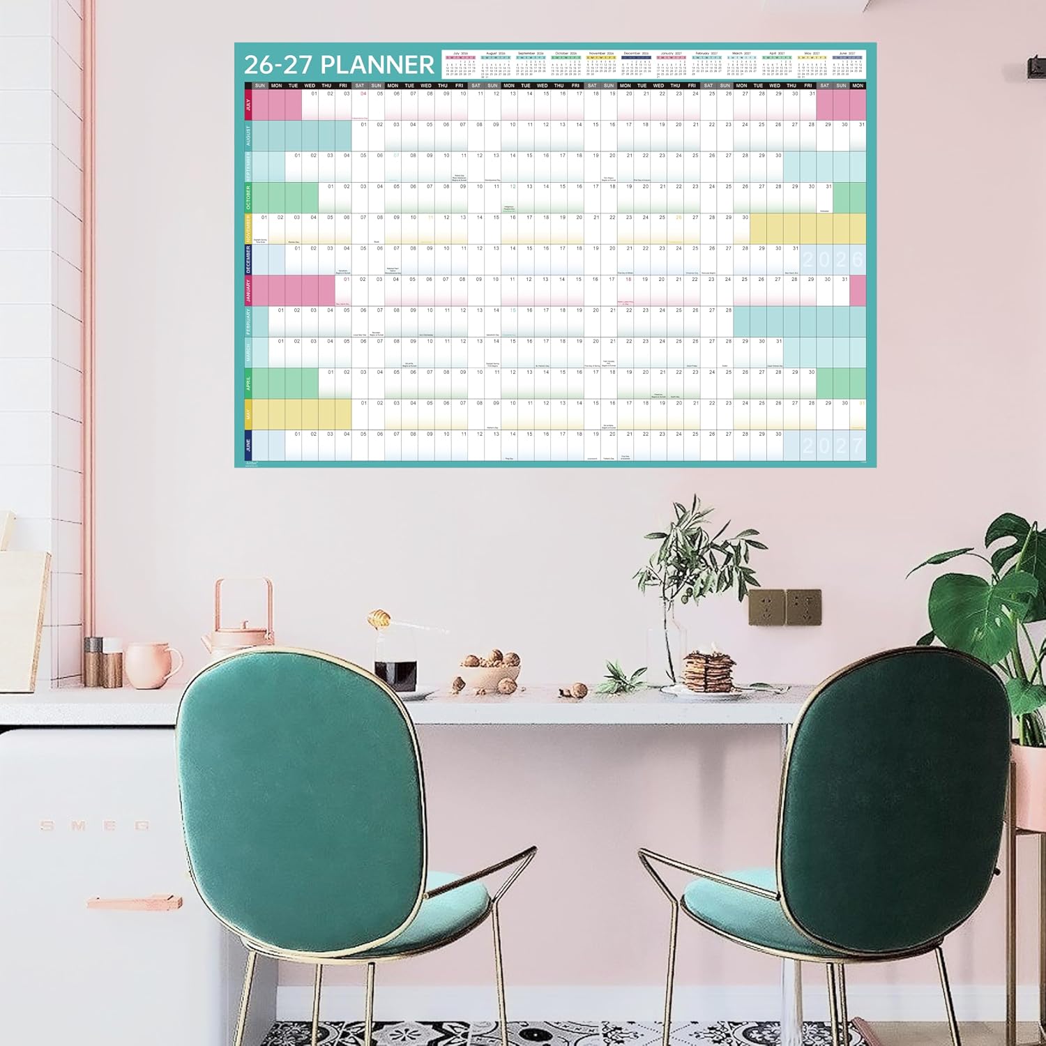 Yearly Wall Calendar 2026-2027 - Wall Calendar 2026-2027, Jul. 2026 - Jun. 2027, 26-27 Yearly Calendar with Julian Dates, Thick Paper, Round Sticks, 34.9" x 23.1"(Open) - Colorful thumbnail