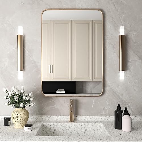 Manocorro Espejo de pared para baño, 20 x 28 pulgadas, espejo rectangular dorado con marco de aleación de aluminio, espejo colgante de esquina