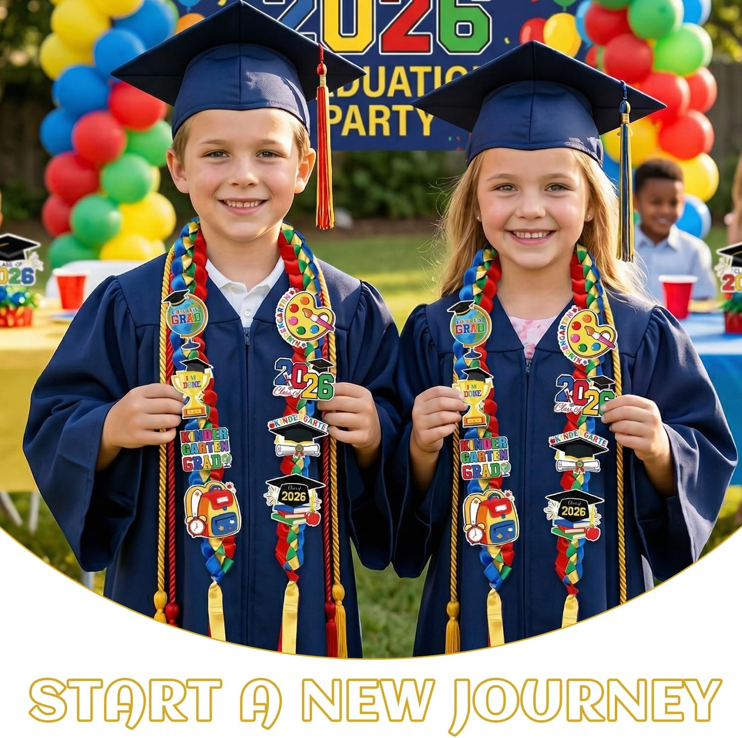 Kindergarten Graduation Leis Set - Class of 2026 Preschool Graduation Ribbon Lei Kit with Candy Lei Tubing Pins Stickers Braided Necklace Gifts for Congrats School Grad Supplies