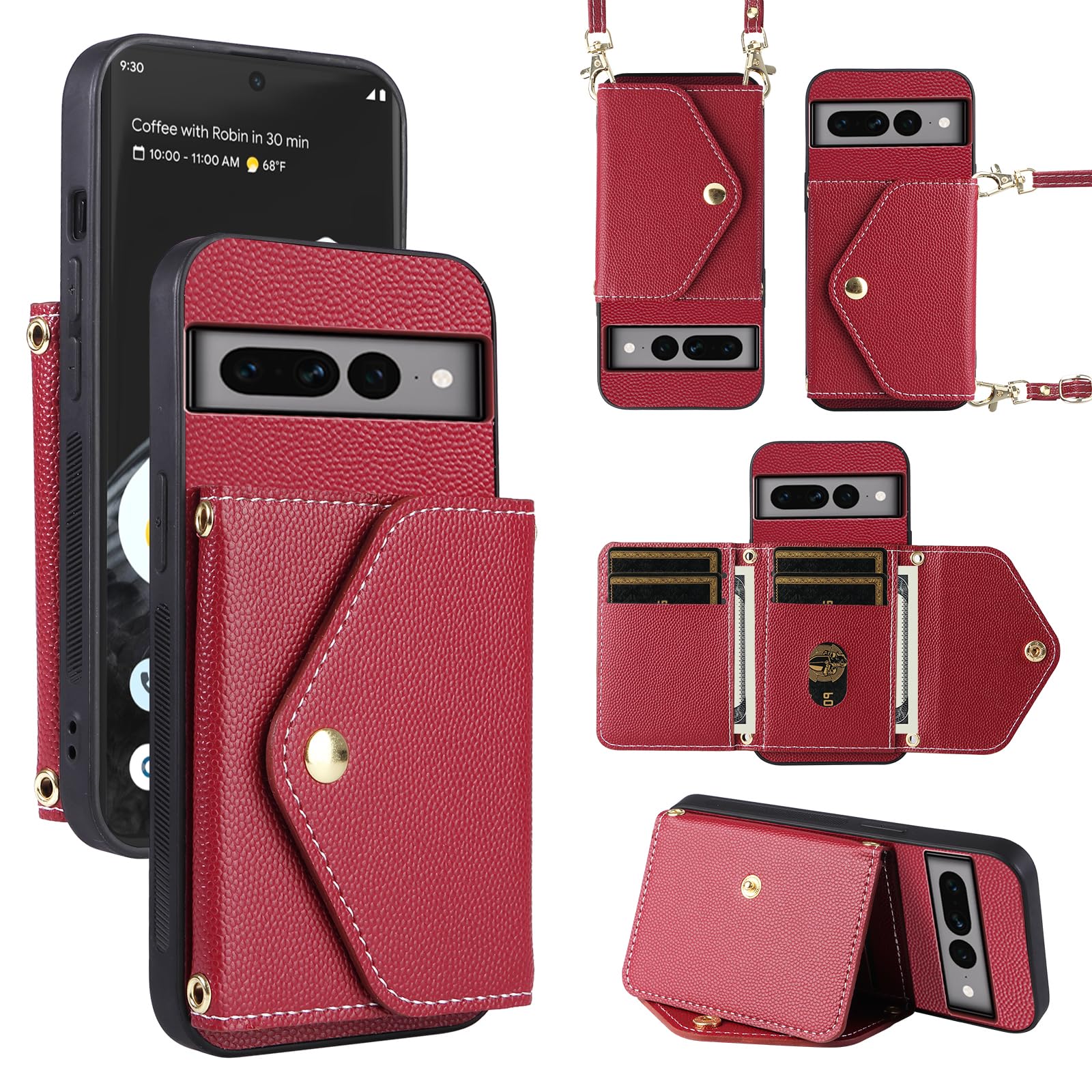 Dibosom Minimalist Wallet Case for Google Pixel 7 Pro 5G with Shoulder Strap,6 Card Slots Thin Slim Flip Purse,Credit Card Holder Stand Phone Cover