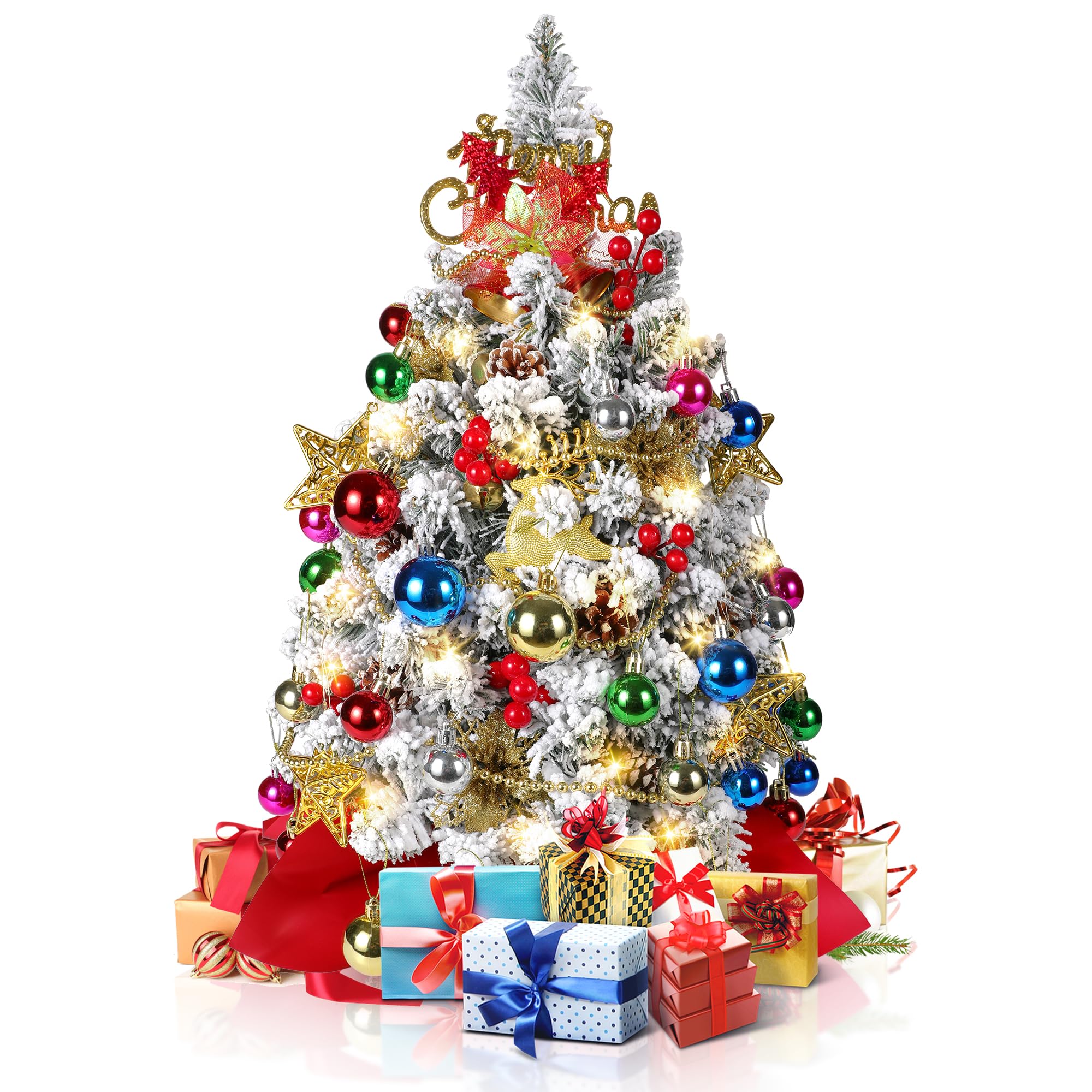 2FT Mini Christmas Tree, Small Tabletop Christmas Trees with 60 LED Lights, 100 Lifelike Branches and 58 DIY Ornaments, Christmas Table Decor for Home Party OfficeRecycled Claim Standard Blended