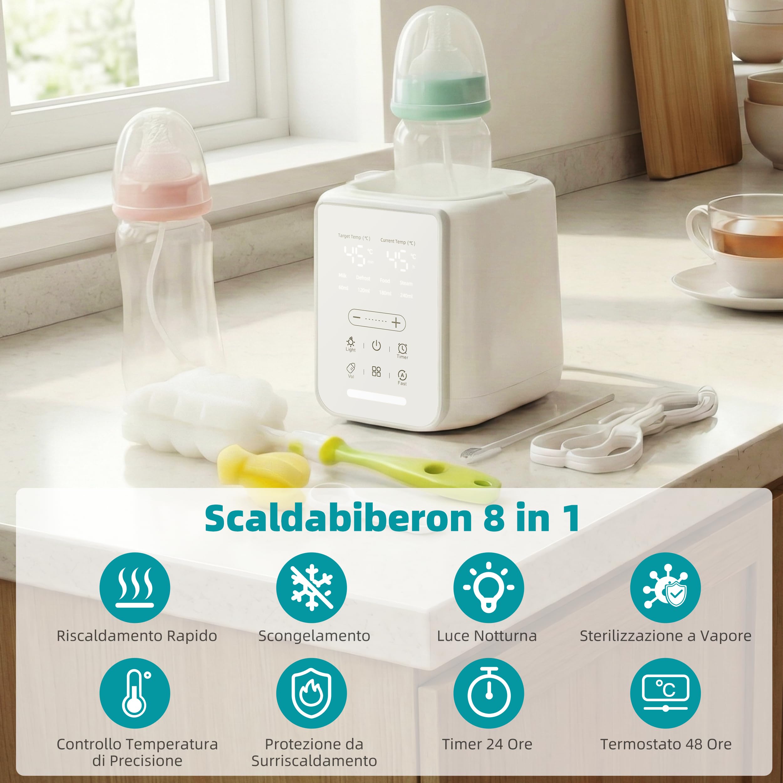 Scaldabiberon 8-in-1 con Controllo Temperatura Intelligente, per Latte Materno e Formula, con Funzione Sterilizzazione, Protezione da Surriscaldamento e Mantenimento della Temperatura Costante