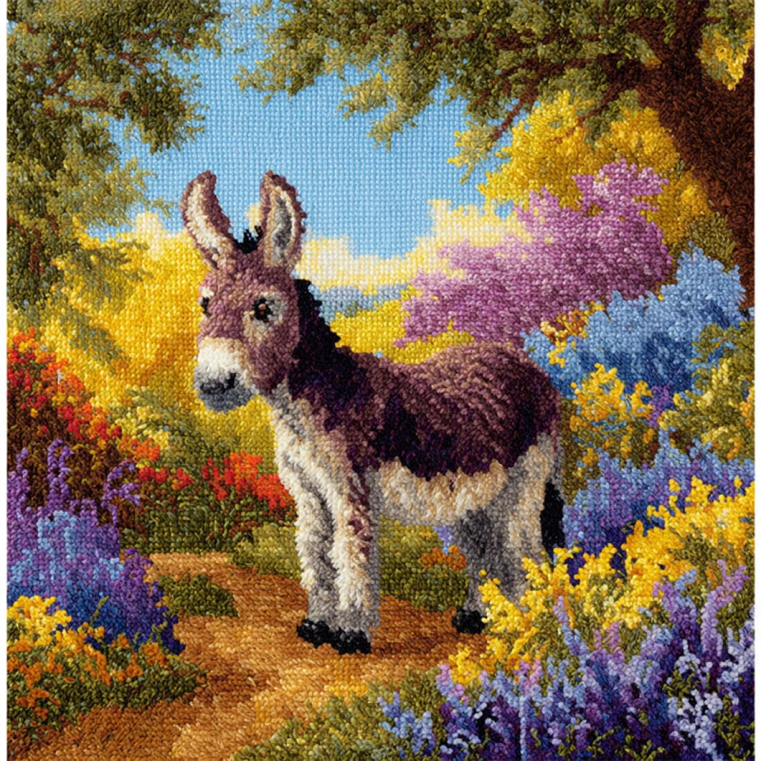 Kitquiver Animal Latch Hook Cushion Kits Donkey in The Forests Cushion Pillow Front Chunky Cross Stitch Kits DIY Embroidery Needlepoint Kit for Home Décor 17x17In