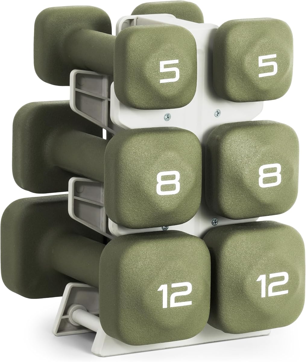 Tone Fitness Juego de mancuernas de neopreno con estante de almacenamiento – Pesas de mano antideslizantes y antivuelco para entrenamientos de gimnasio en casa | Opciones de 20 lb, 32 lb, 50 lb, 60 lb y 100 lb