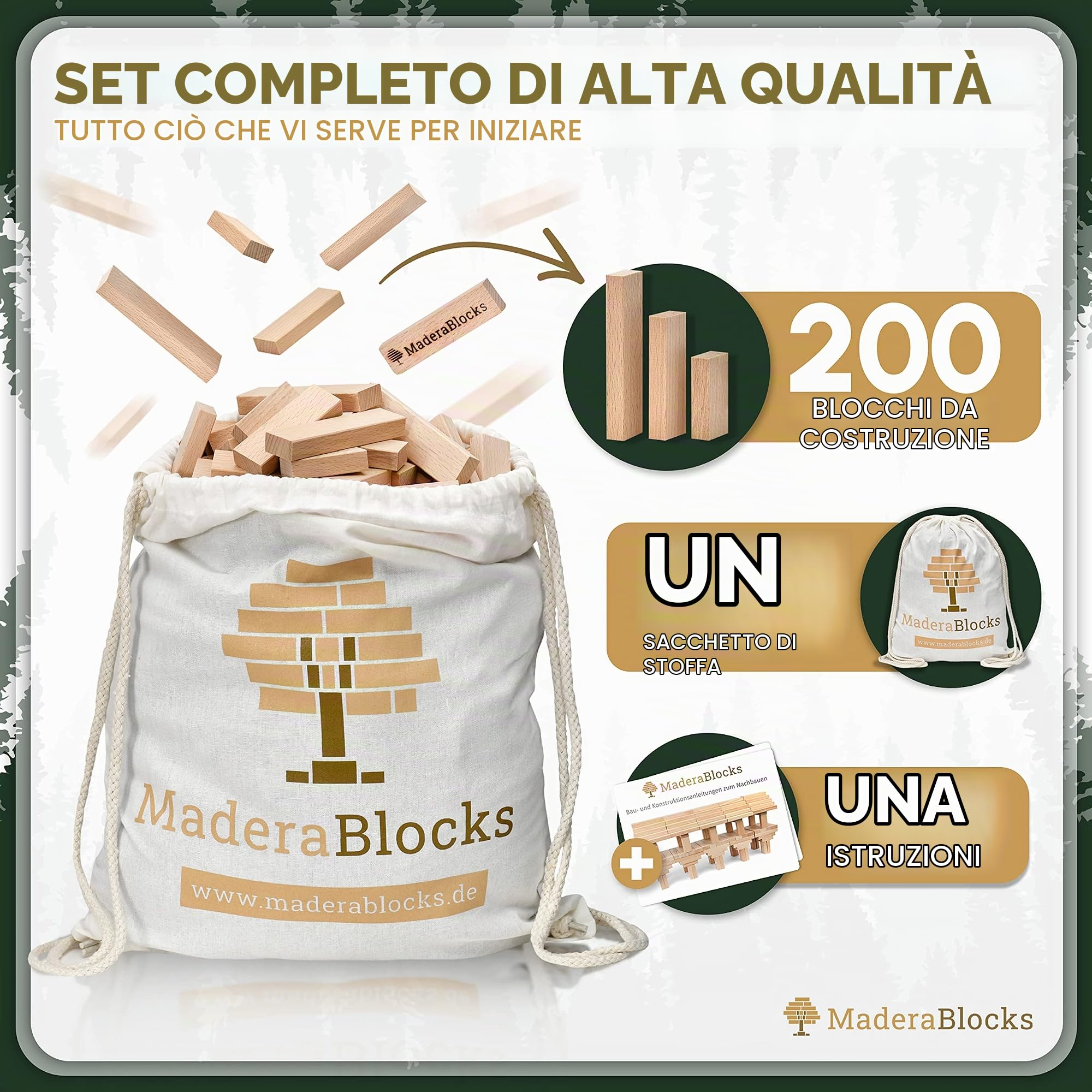 200-1.000 Pezzi Costruzioni Legno Bambini Naturale + 1x piantumazione albero, 100% Made in Germania Tavolette blocchi da costruzione natura, Giochi non trattato abilità motorie, 3 4 5 6 Anni locchi
