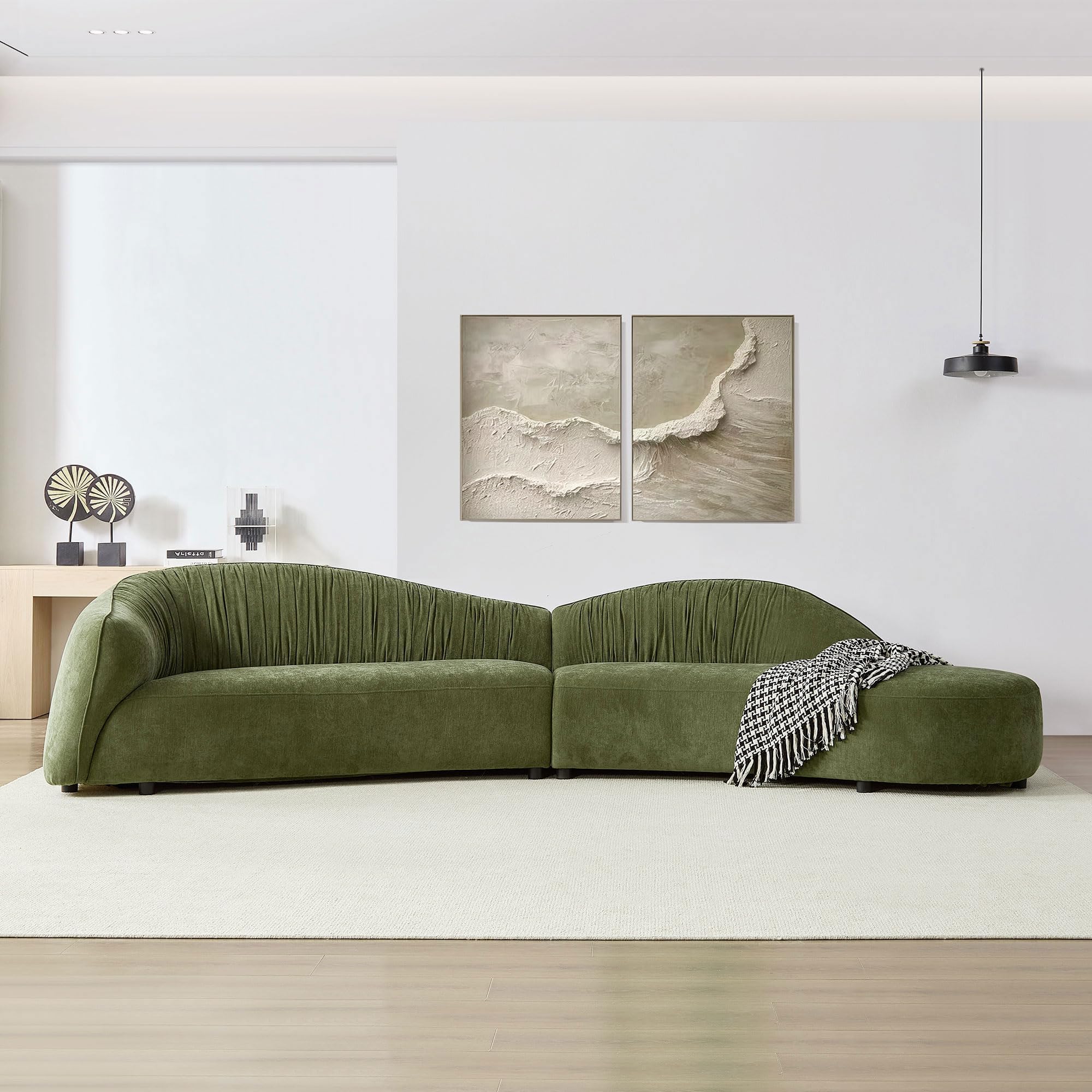 - KEIKI 146" Oversized Upholstered Sectional Sofa with Right Chaise, Mid-Century Style 6-Seater Polyester Comfy Couch with High-Density Cushion, No Assembly Required, for Apartment, Living Room, Green