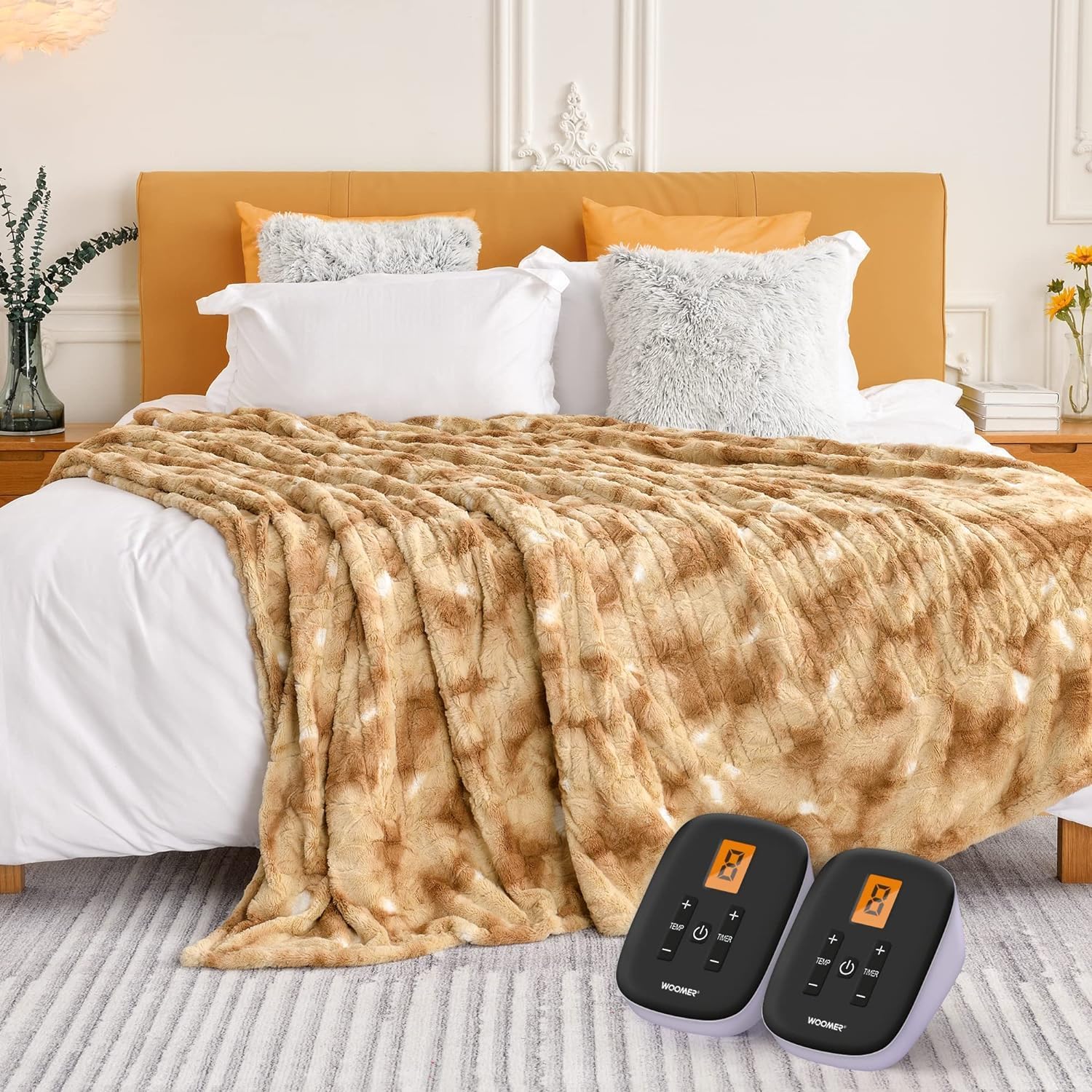 WOOMER Heated Blanket Queen Size 84" x 90", Electric Blanket with 0.5-12 Hours Timer & 10 Heating Levels, ETL Certified, Marble Blue Double-Sided Faux Fur, Machine WashableOEKO-TEX STANDARD 100
