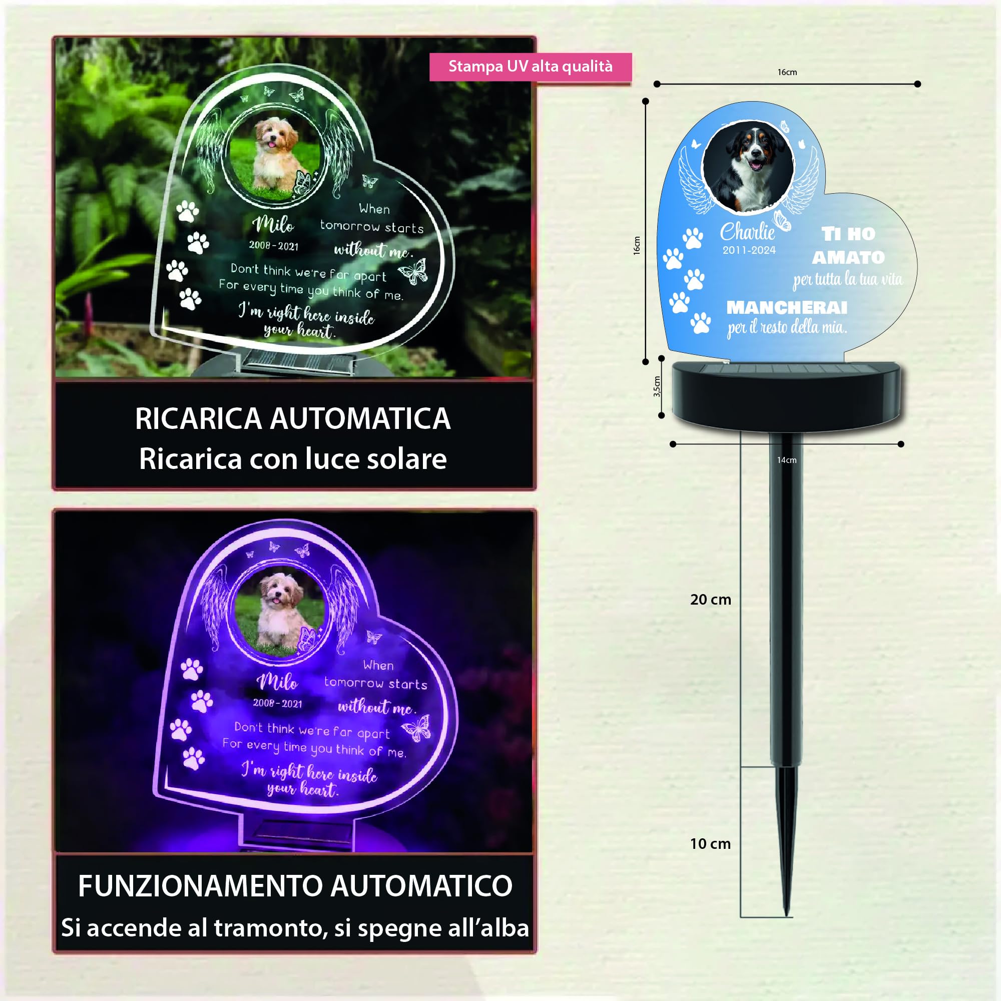 La Farfalla di Legno Lampada Commemorativa LED Solare per Cane e Gatto - Memoriale LED da Giardino Personalizzabile (Cuore)