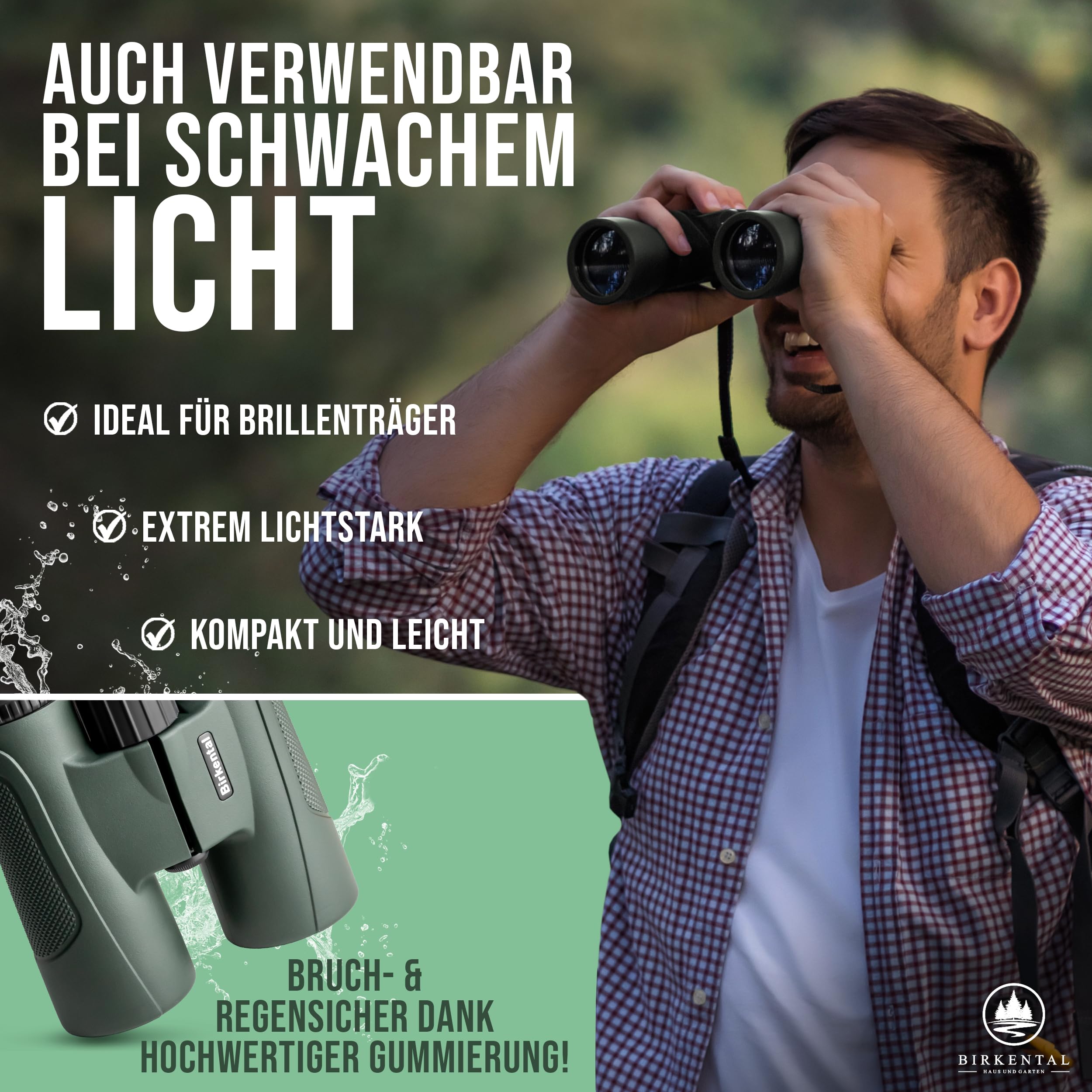 Birkental Verrekijker 10x50 met dioptrieverstelling - HD veldsteker, BAK4 Prisma & FMC-lens - geschikt voor brildragers - groot gezichtsveld en helder beeld voor volwassenen (zwart