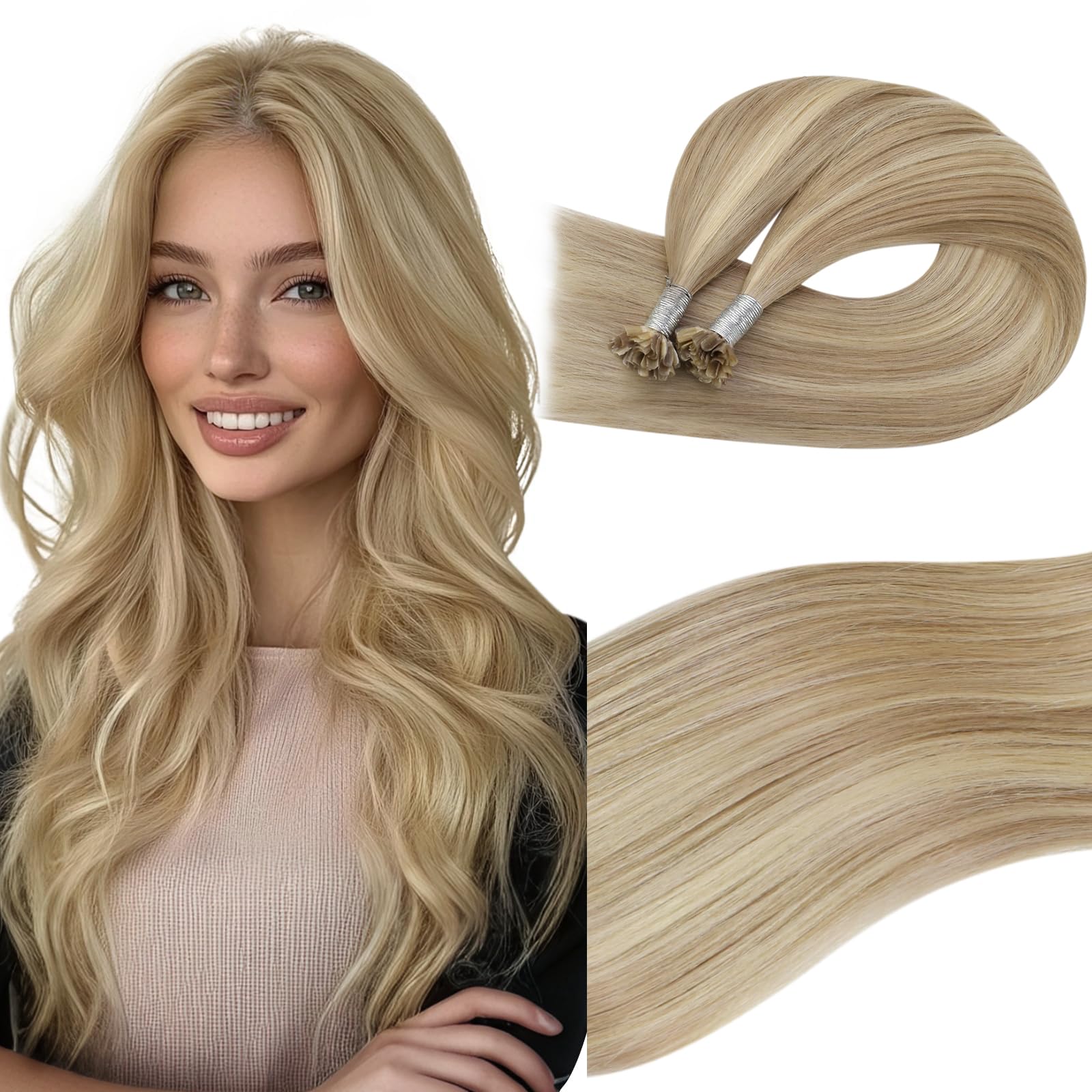 Easyouth U Tip Human Hair Extensions Blonde Highlight U Tip Hair Extensions Human Hair Light Blonde with Golden Nail Tip Hair Extensions Add Length and Volume 50g/50s #16/22 22 Inch