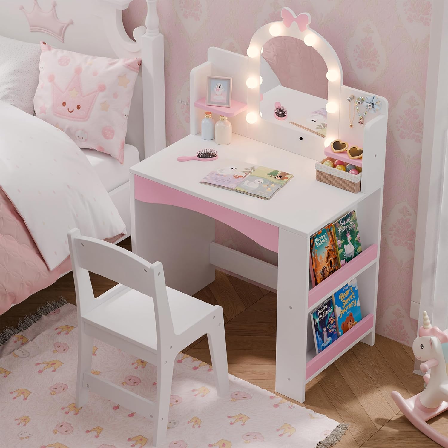TOLEAD Kids Vanity Table and Chair Set in White with Pink Accents